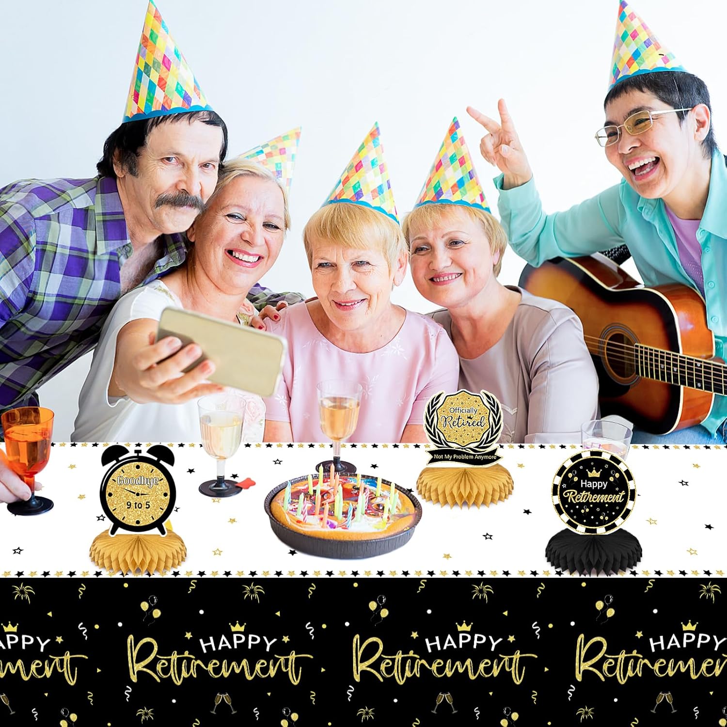 3 Pack Happy Retirement Tablecloth Black Gold 54x108 Inch