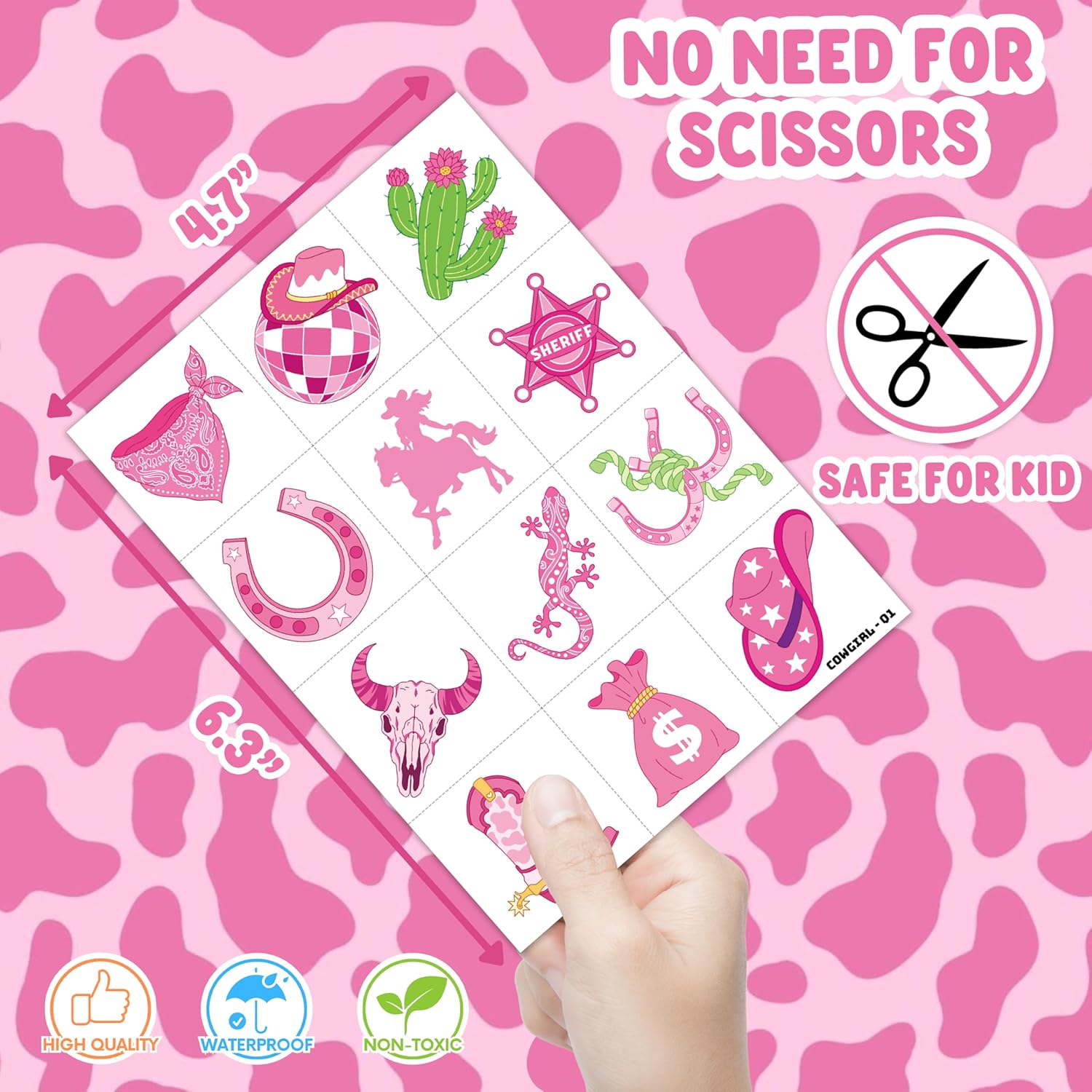 96 PCS Pink Disco Cowgirl Temporary Tattoos for Kids