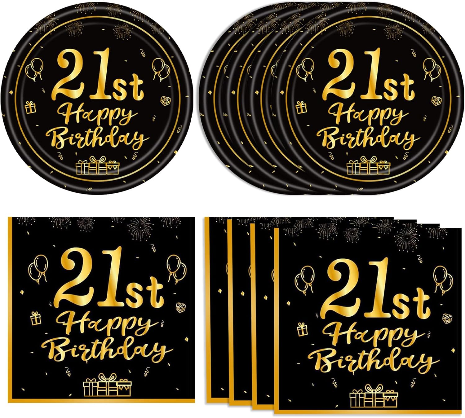 40 Pcs 21st Birthday Black Gold Tableware Set