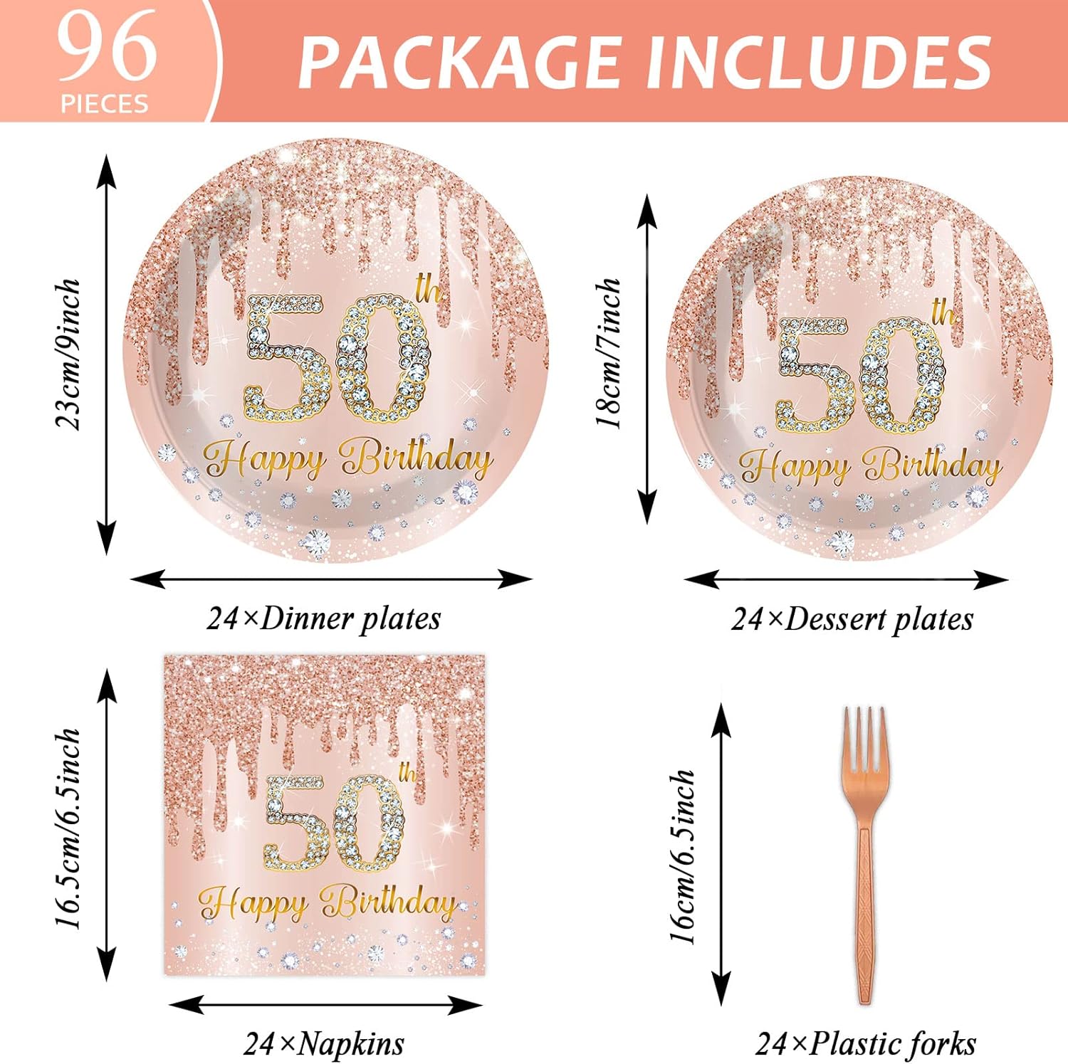 96 Piece 50th Birthday Tableware Set Pink Rose Gold
