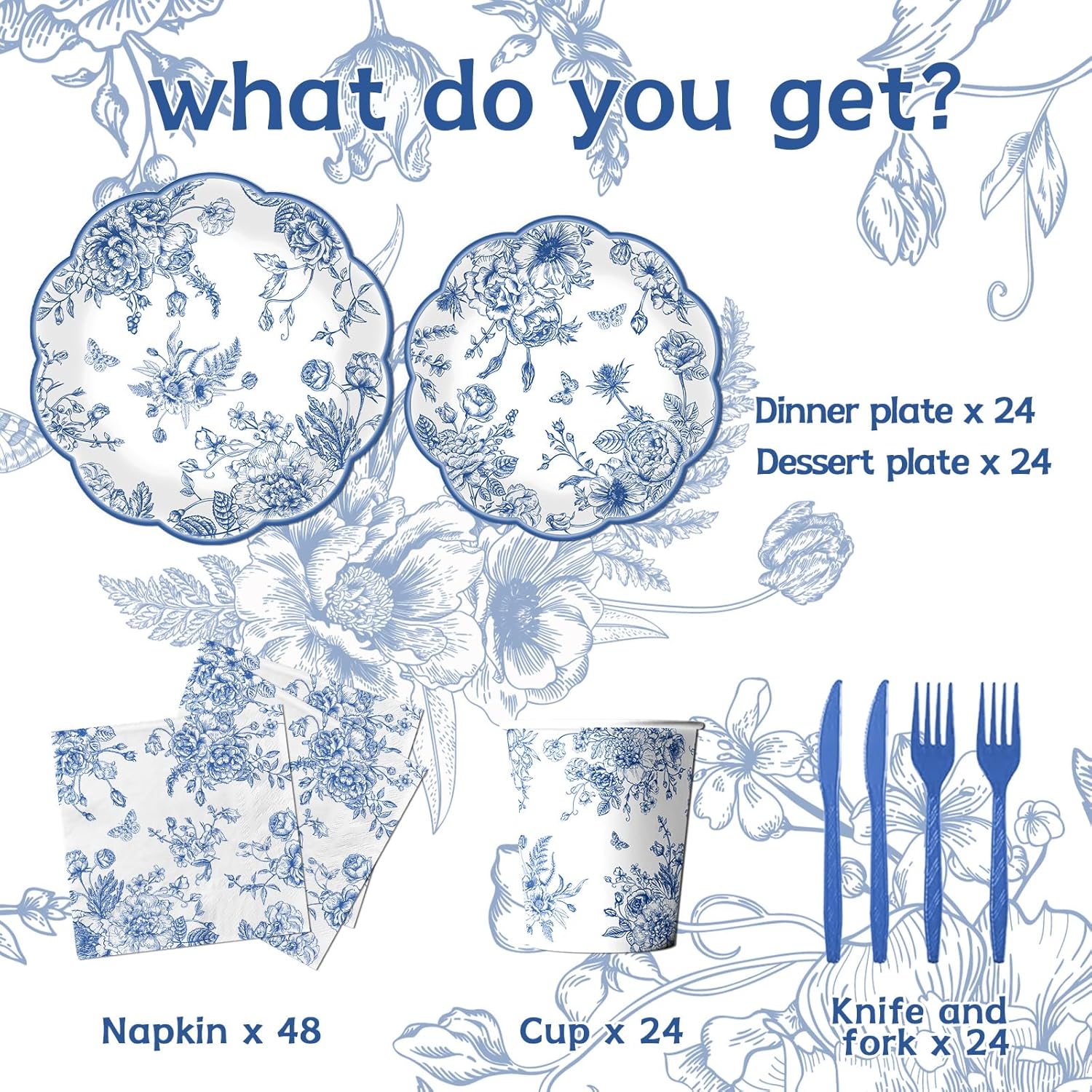 144Pcs Blue Floral Plates and Napkins Set