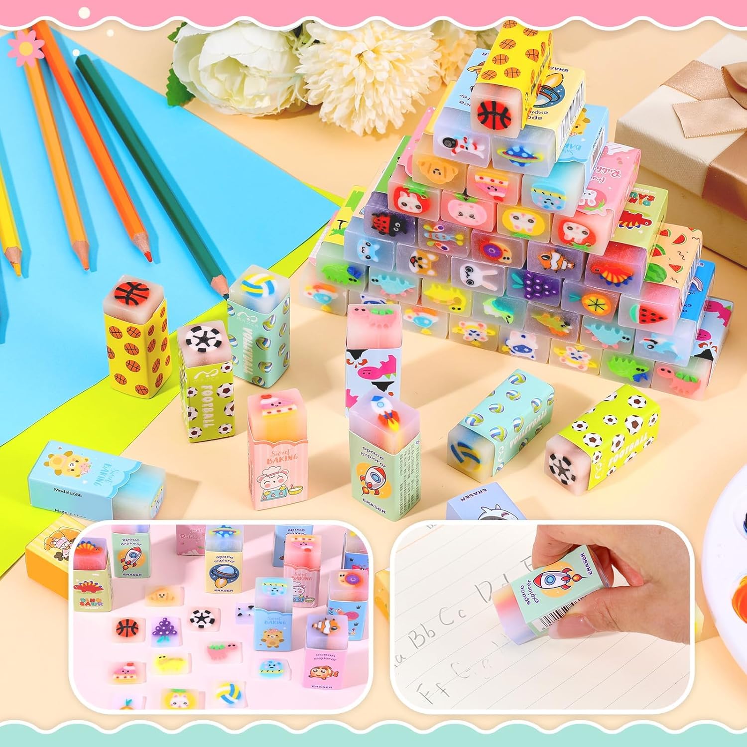 50 Pcs Cute Jelly Animal Pencil Erasers for Kids