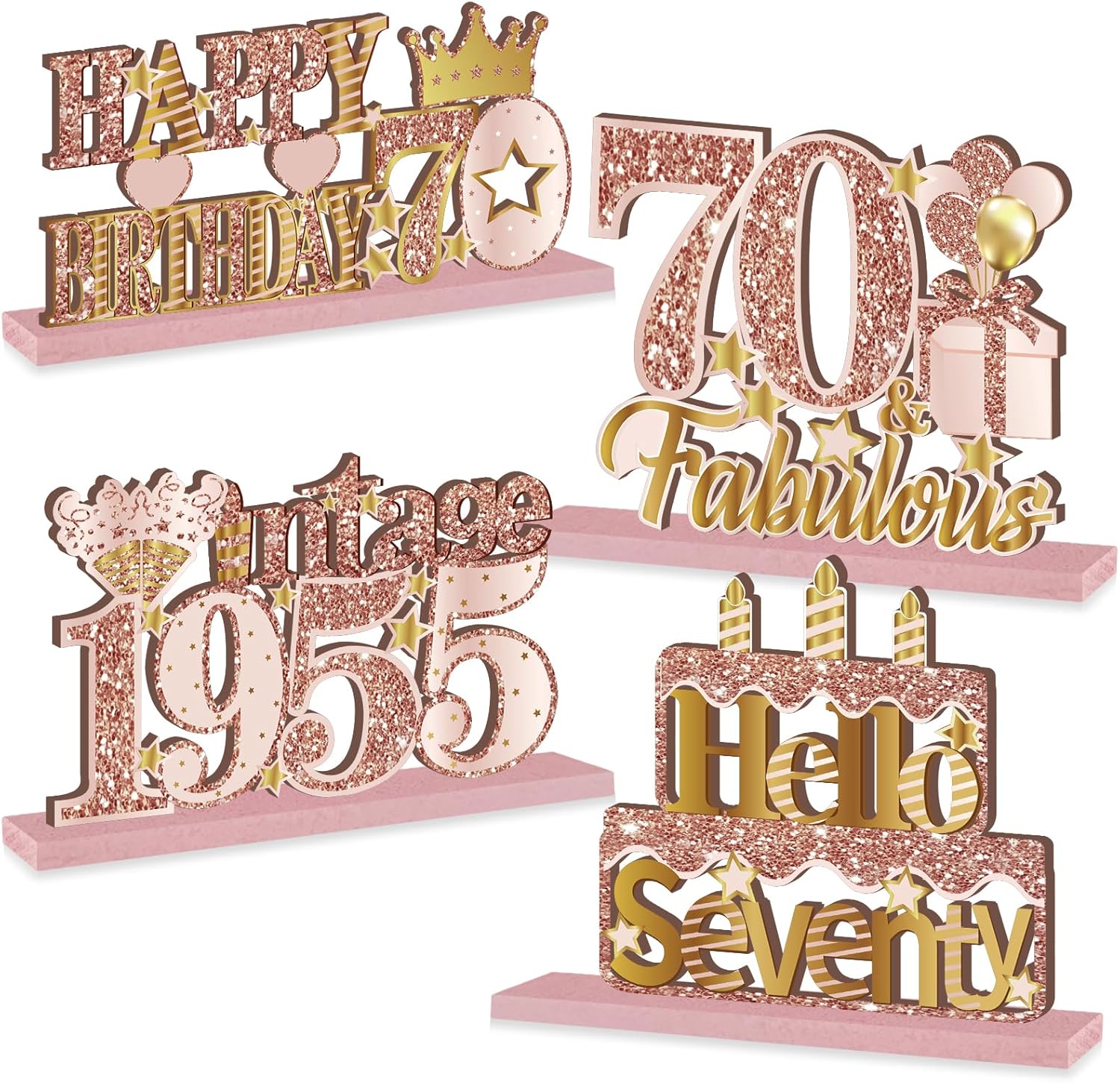 Pink Rose Gold 70th Birthday Wooden Table Centerpieces Set
