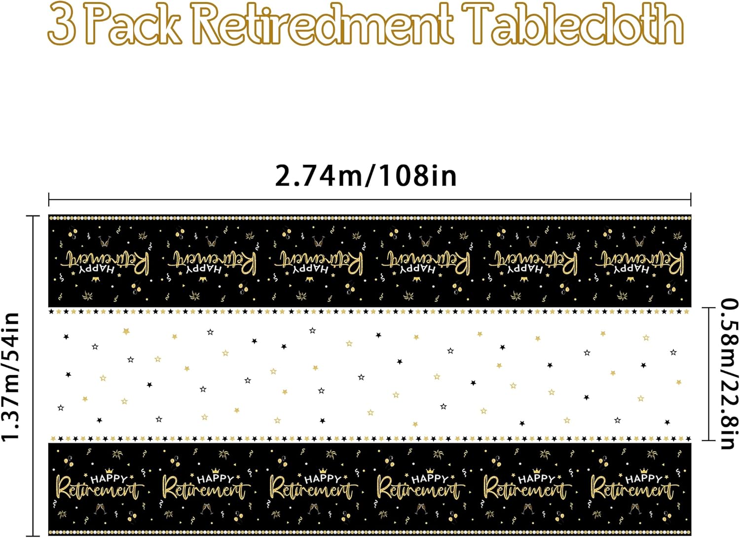 3 Pack Happy Retirement Tablecloth Black Gold 54x108 Inch