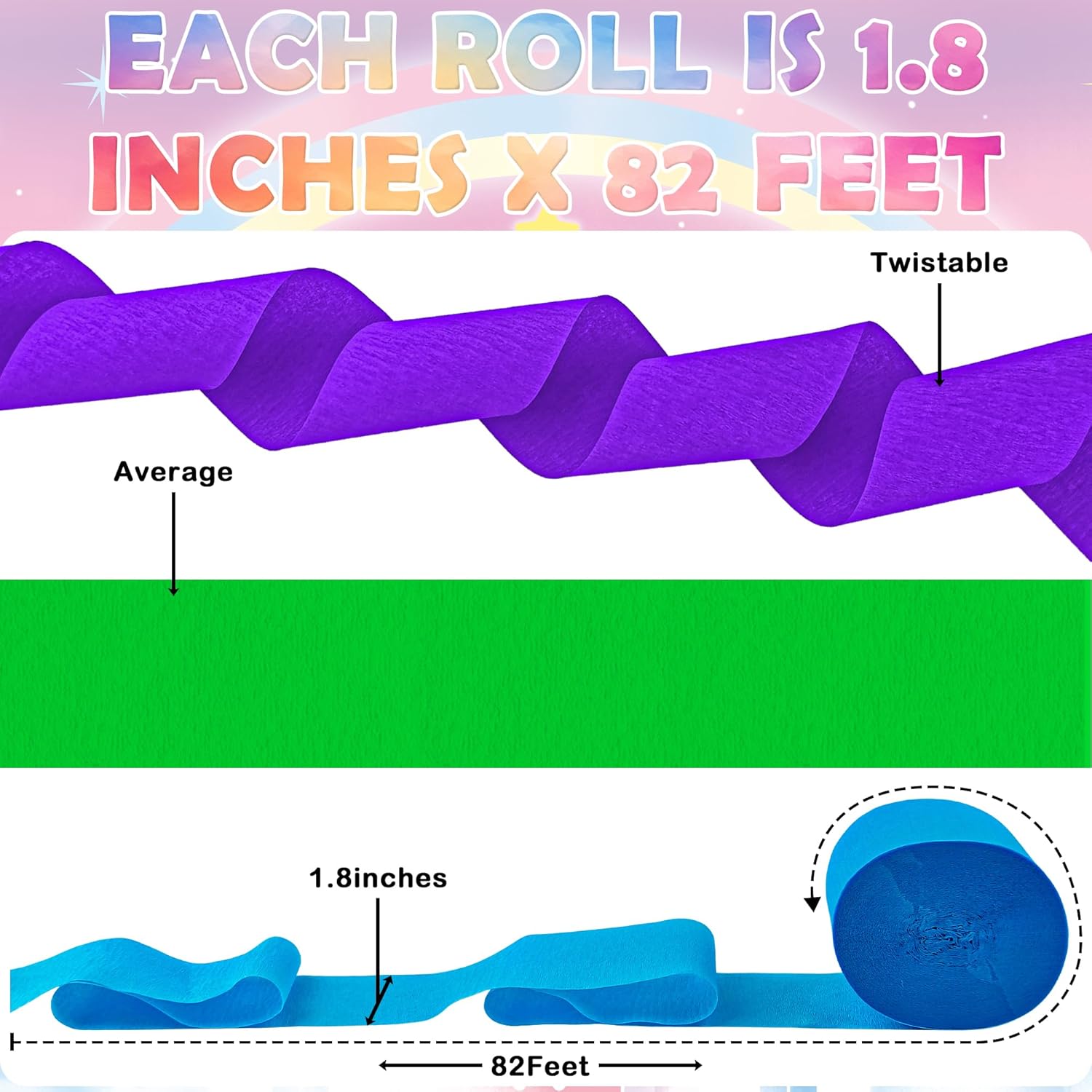 Oun Nana Crepe Paper Streamers 12 Rolls Pastel Rainbow