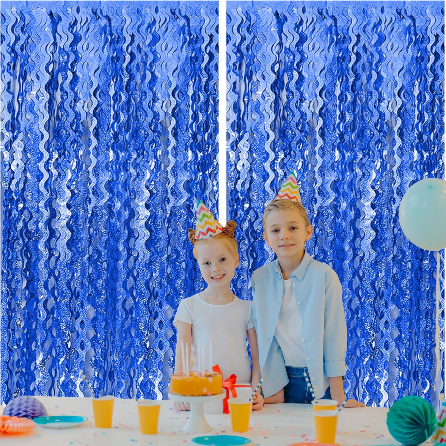 2 Pack Navy Blue Wavy Foil Fringe Curtains 33x66 Ft