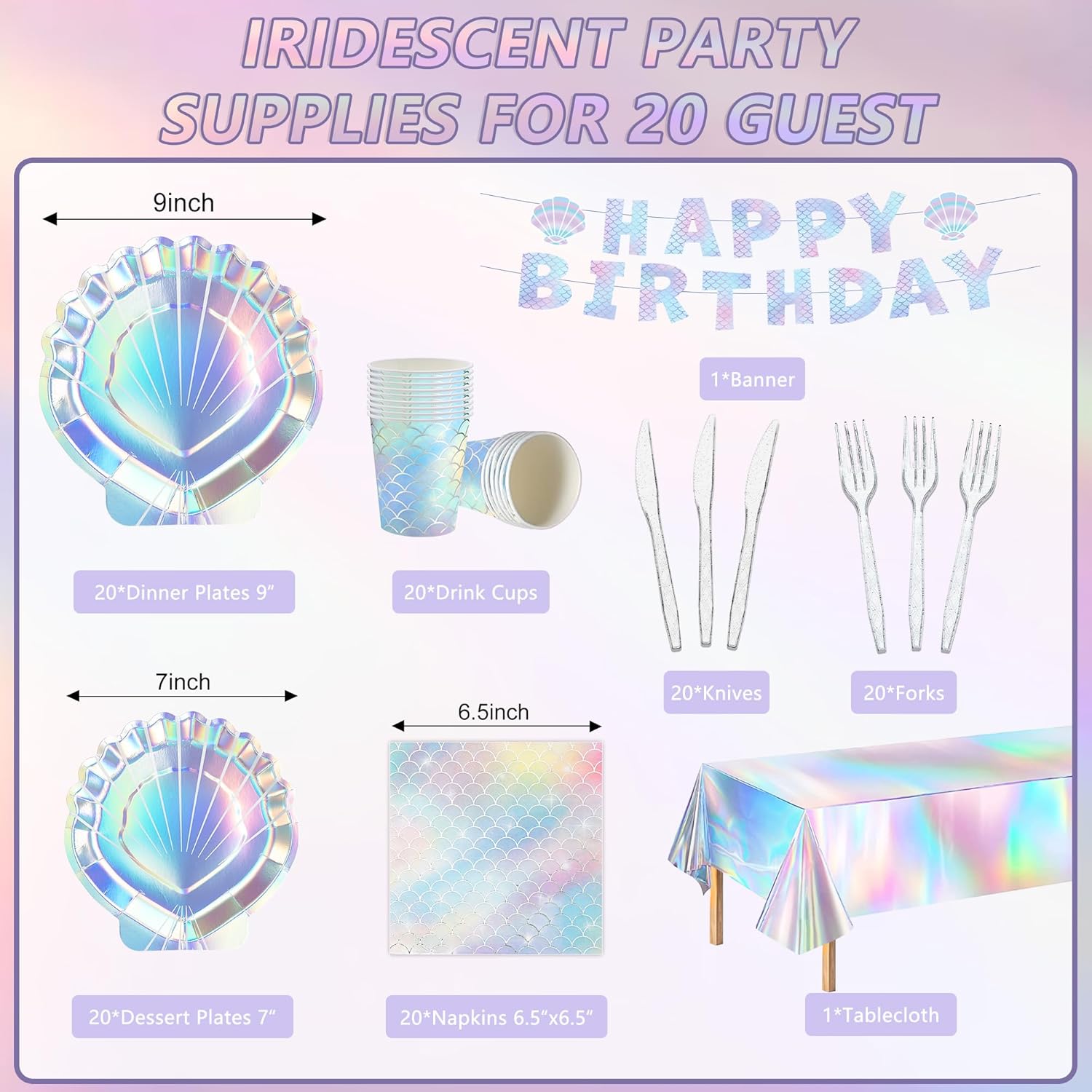 Iridescent Mermaid Shell Party Tableware Set for 20 Guests
