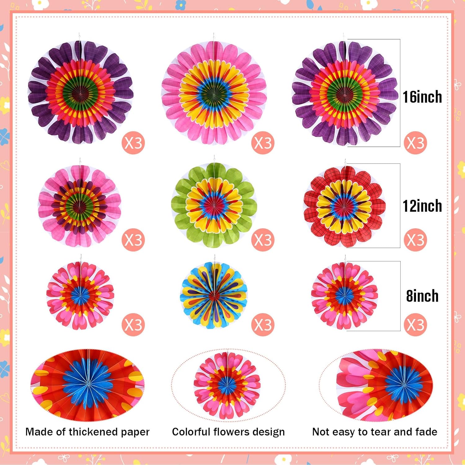 Outus Spring Flower Fan Decorations 9 Pcs Set