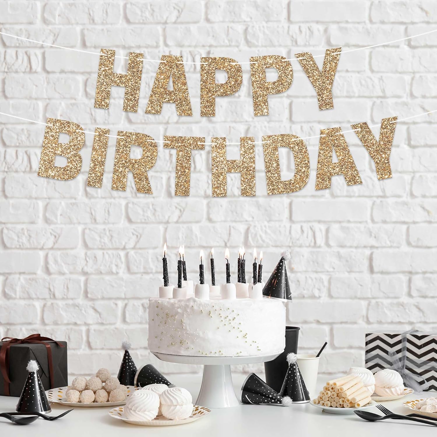 Pre-Strung Gold Glitter Birthday Banner - No DIY