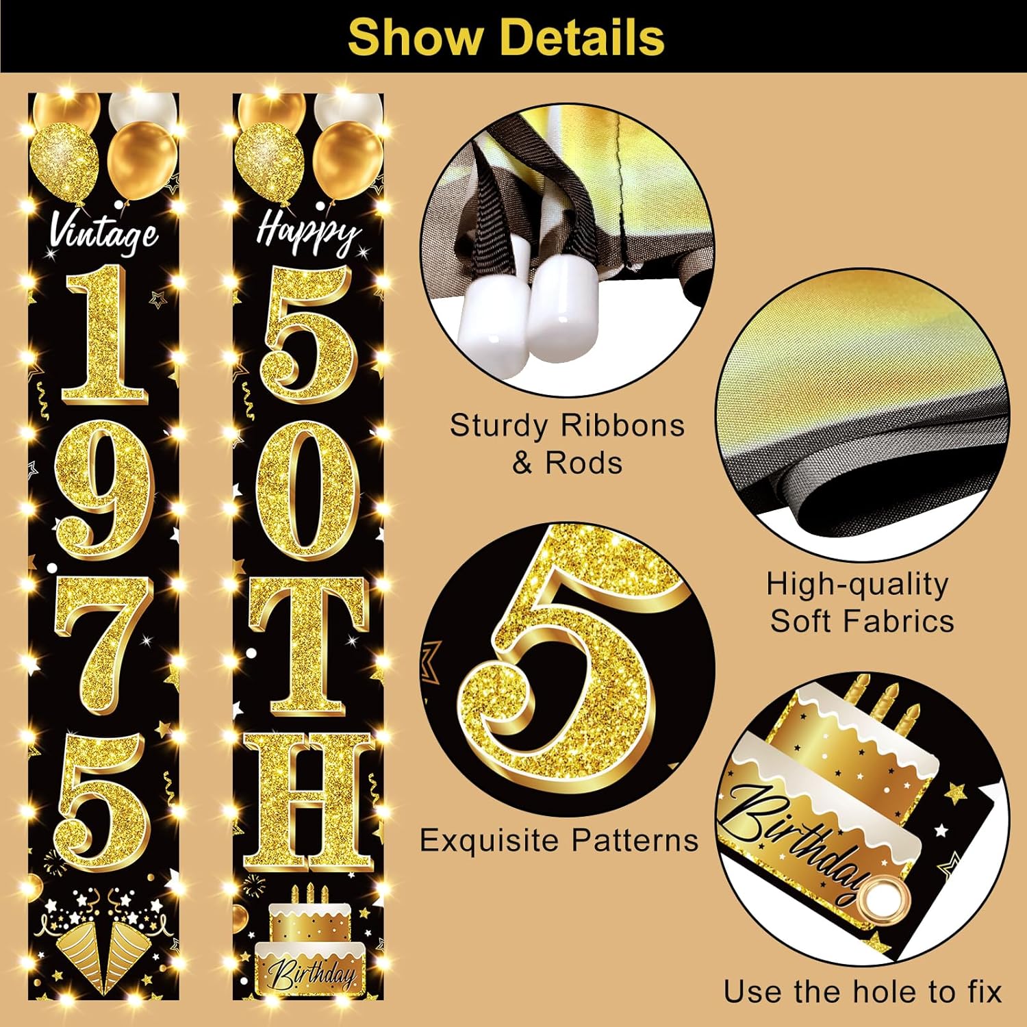 50th Birthday Black Gold Banner with LED Light