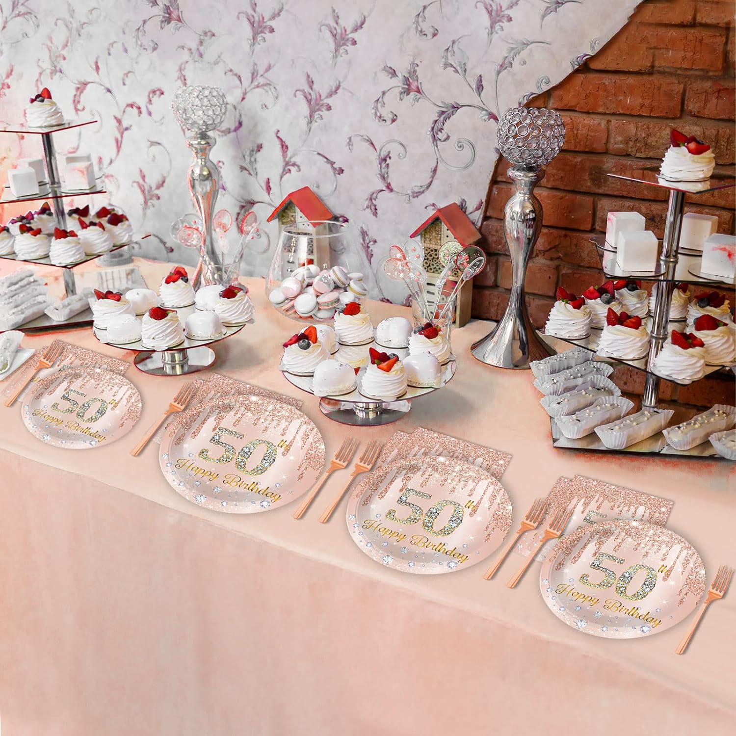 96 Piece 50th Birthday Tableware Set Pink Rose Gold
