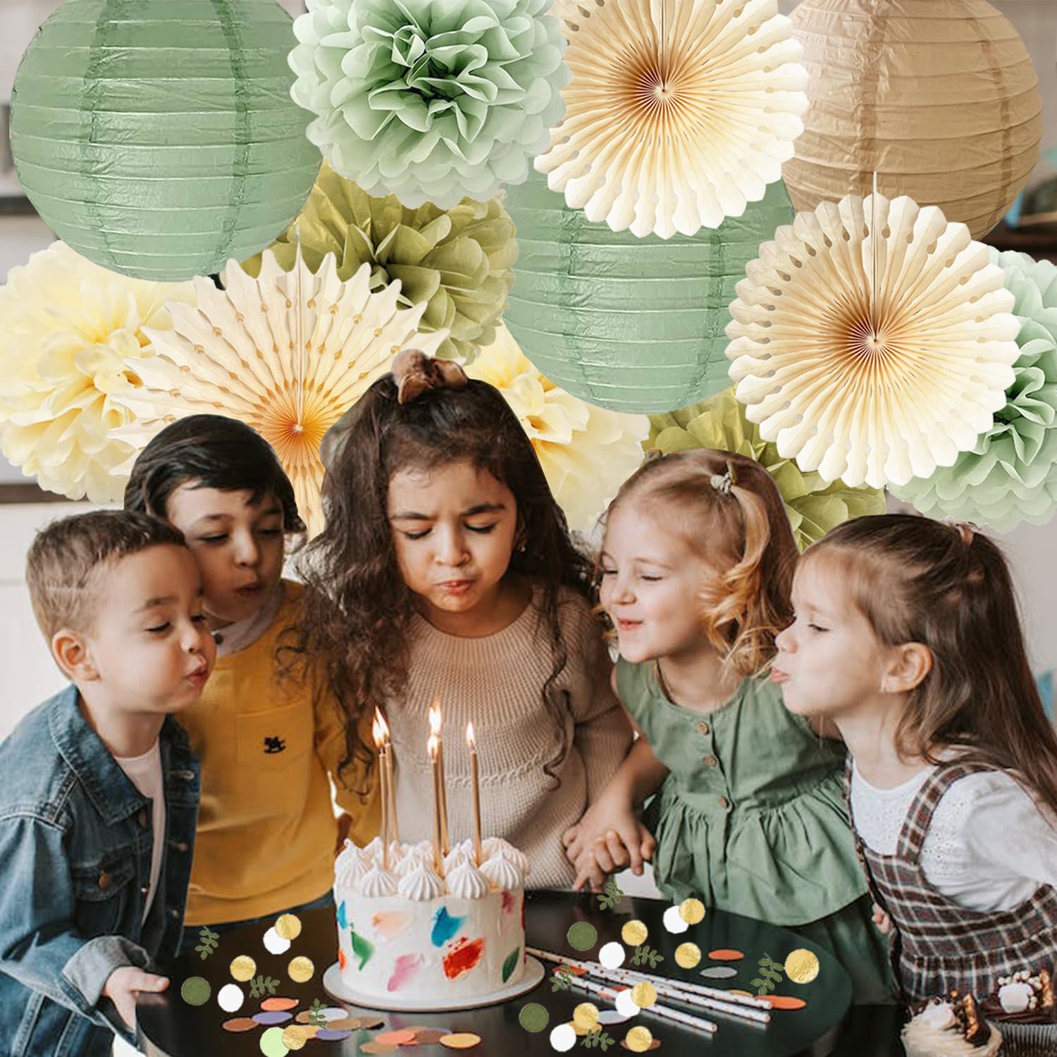 Sage Green Party Decorations Set with Pom Poms and Lanterns