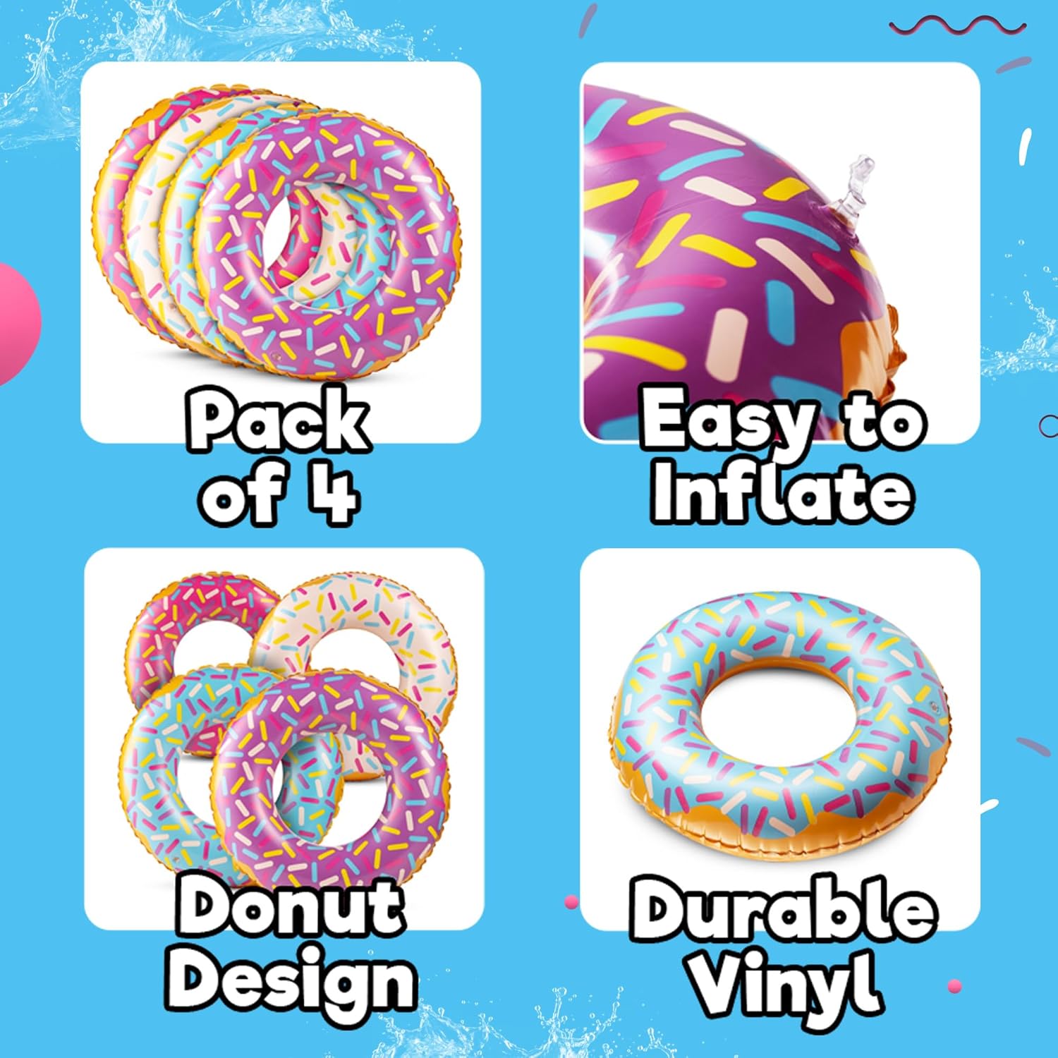 Bedwina Inflatable Donut Pool Floats Pack of 4