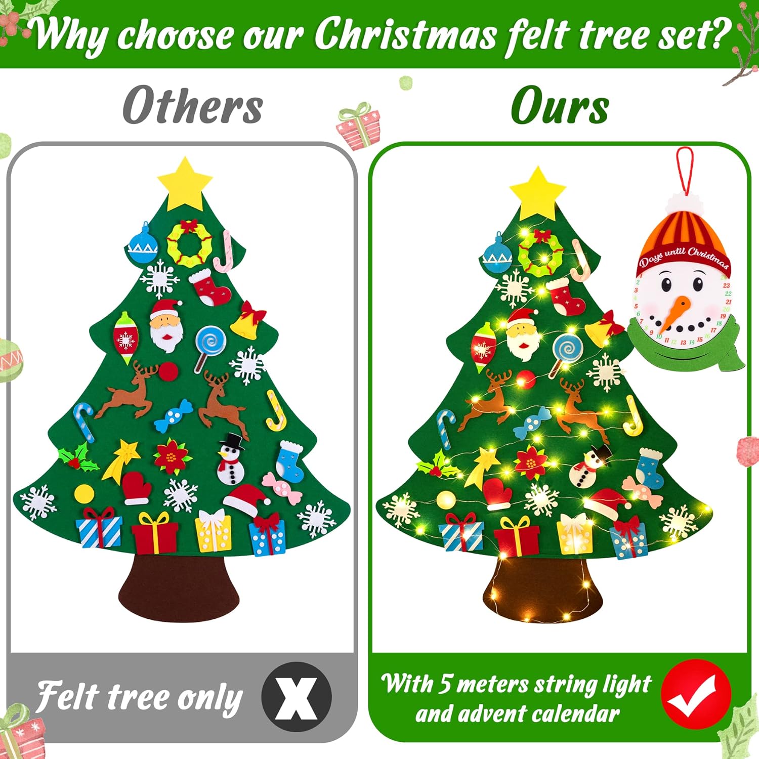 Jollylife 3ft DIY Felt Christmas Tree Set with Snowman Advent Calendar