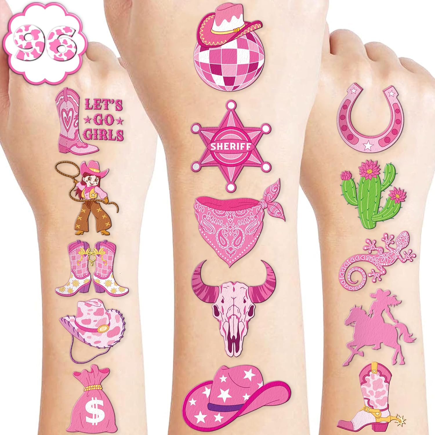 96 PCS Pink Disco Cowgirl Temporary Tattoos for Kids