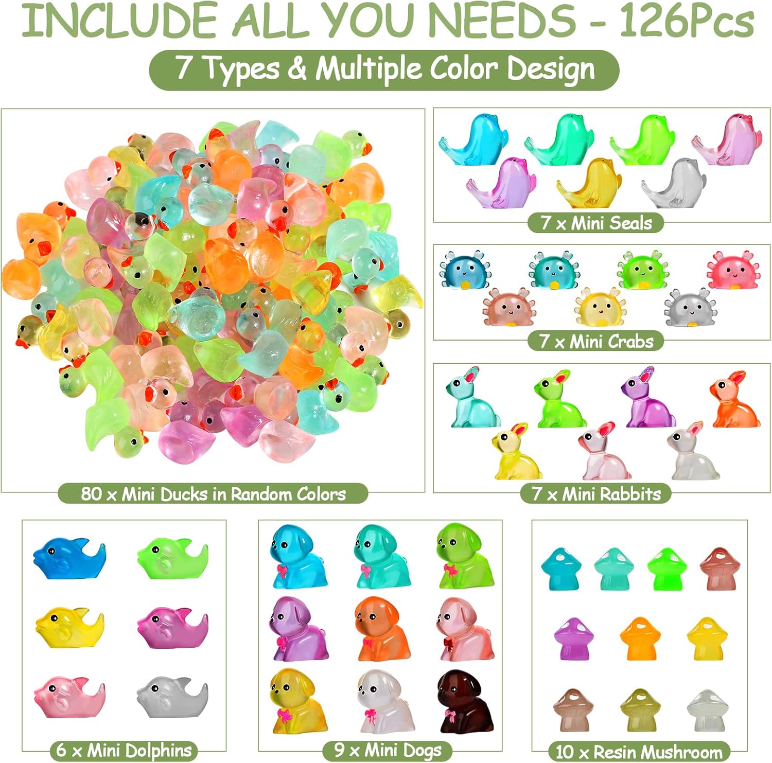 126 Pcs Glow-in-the-Dark Resin Ducks and Animals