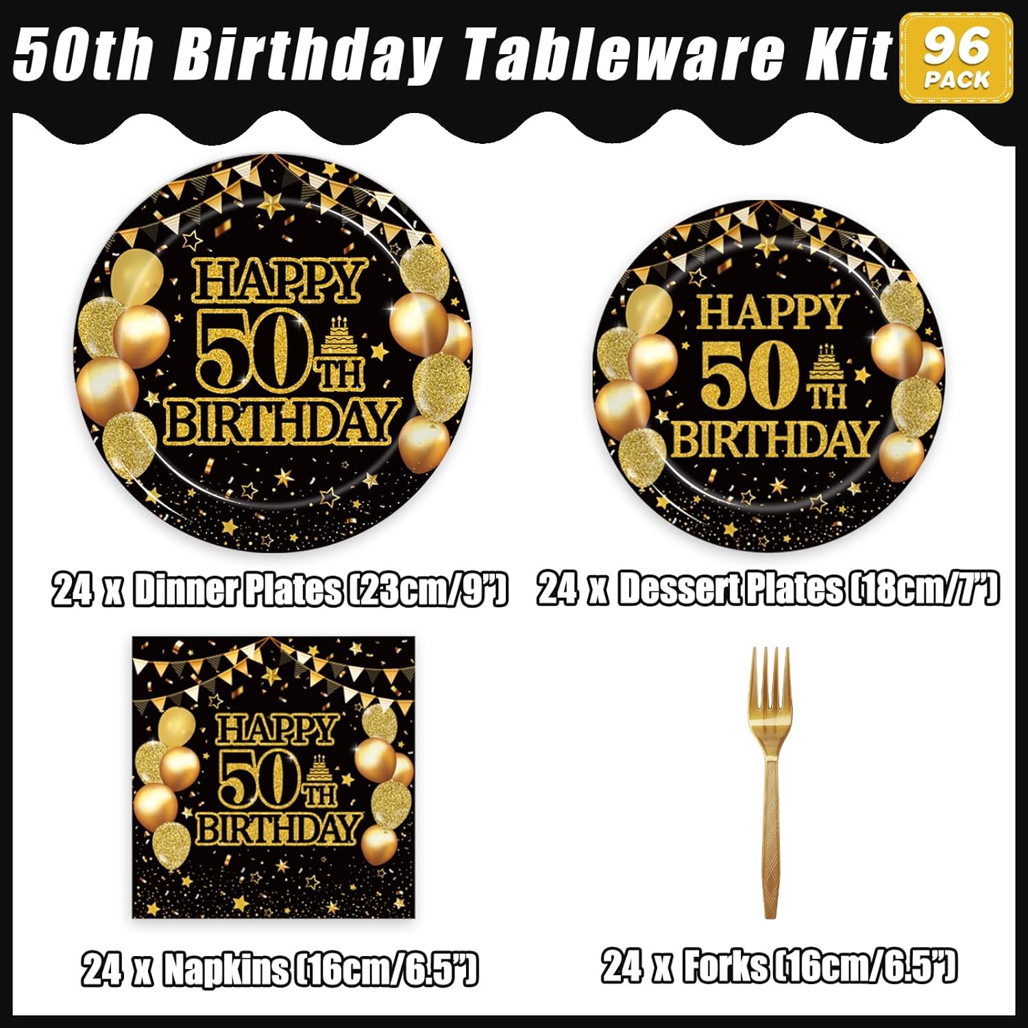 Kepeel 96Pcs 50th Birthday Tableware Set for 24 Guests