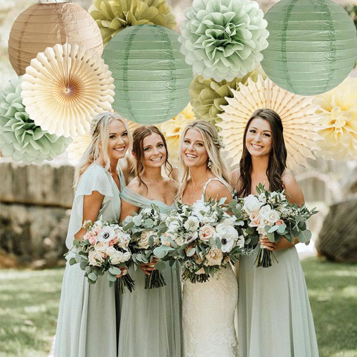 Sage Green Party Decorations Set with Pom Poms and Lanterns