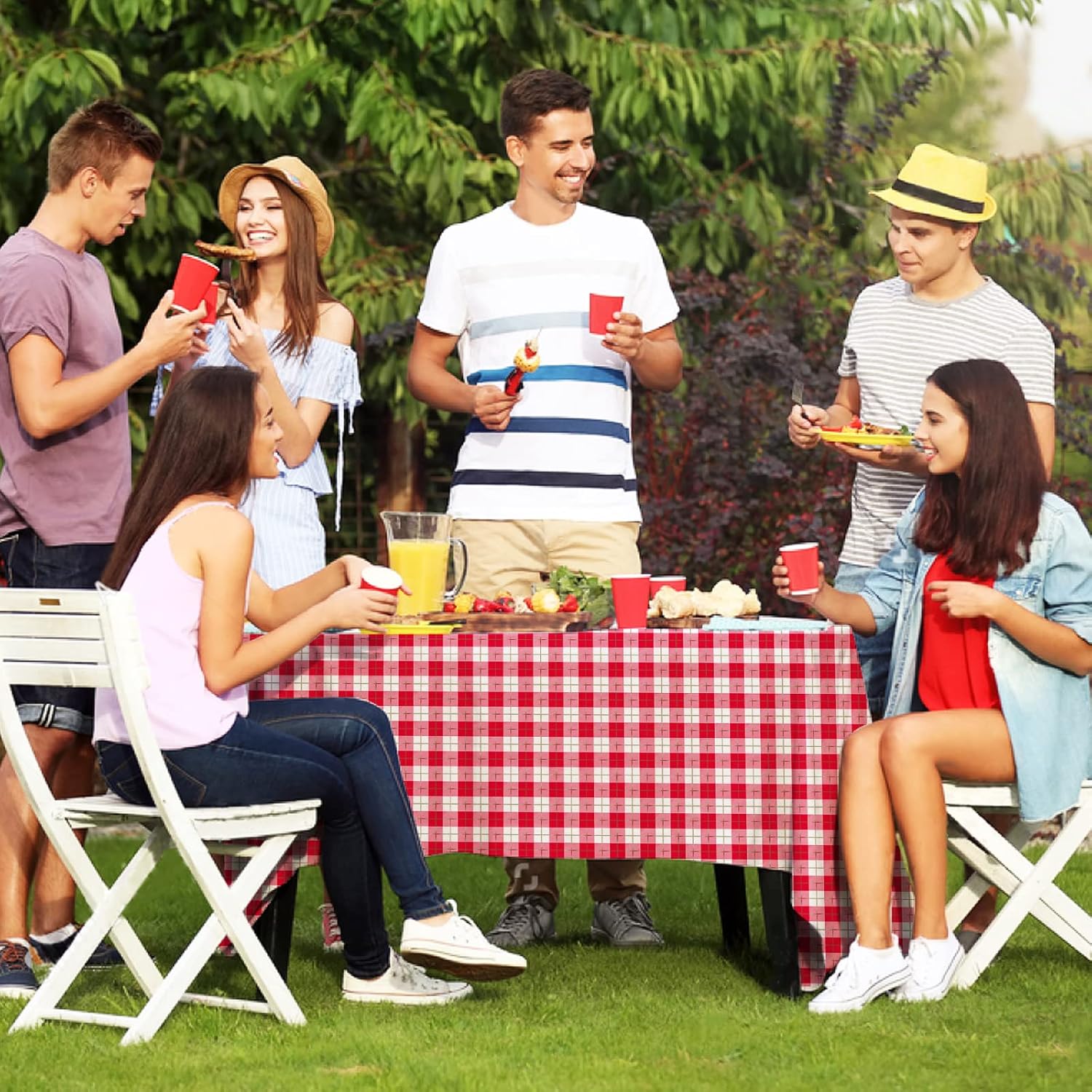 Gatherfun 3PCS Red White Gingham Waterproof Tablecloth for Easter Picnic Barbecue