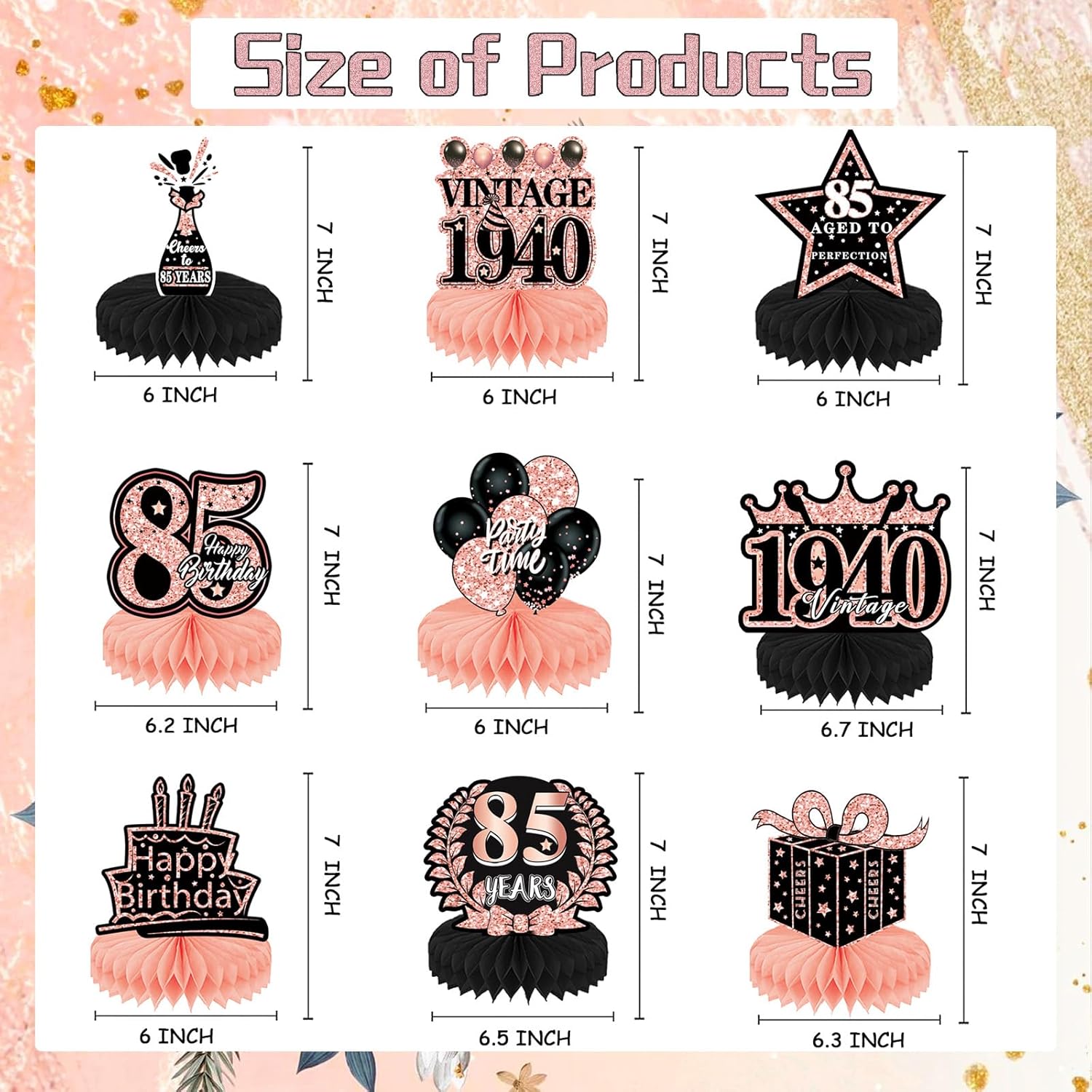 85th Birthday Decorations 9PCS Rose Gold Honeycomb Centerpieces