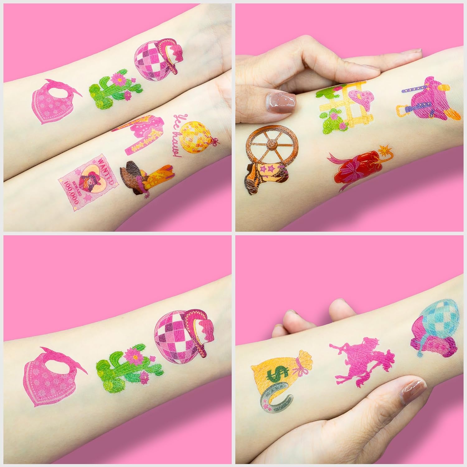 96 PCS Pink Disco Cowgirl Temporary Tattoos for Kids
