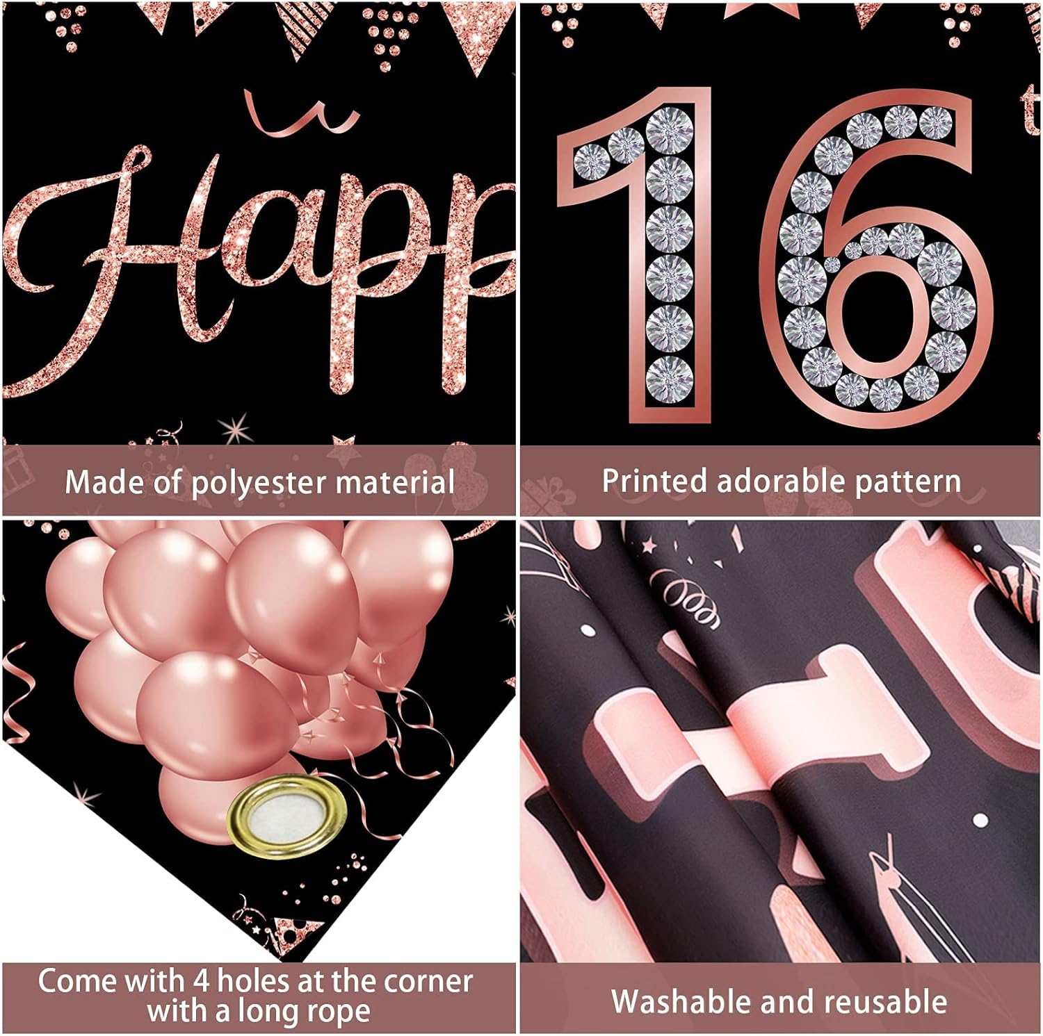 Happy 16th Birthday Banner Decorations Rose Gold