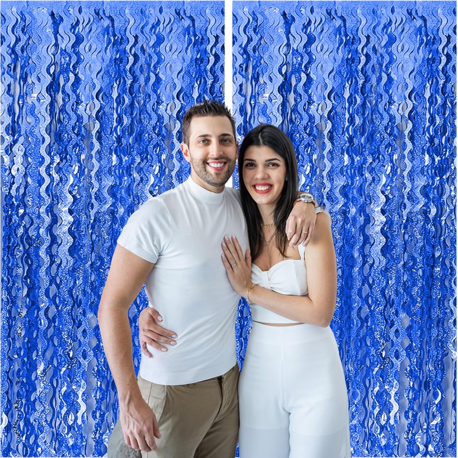 2 Pack Navy Blue Wavy Foil Fringe Curtains 33x66 Ft