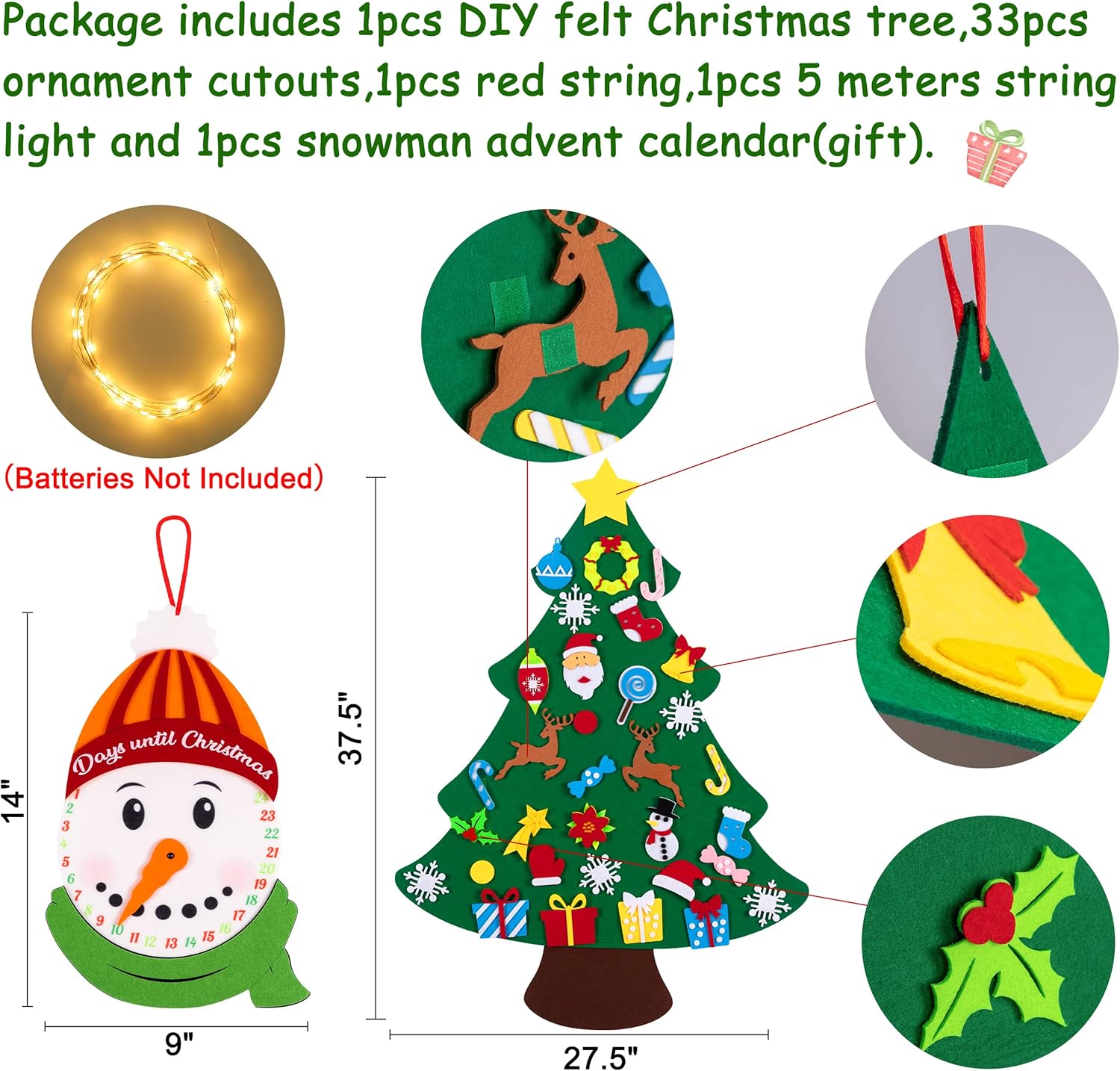 Jollylife 3ft DIY Felt Christmas Tree Set with Snowman Advent Calendar