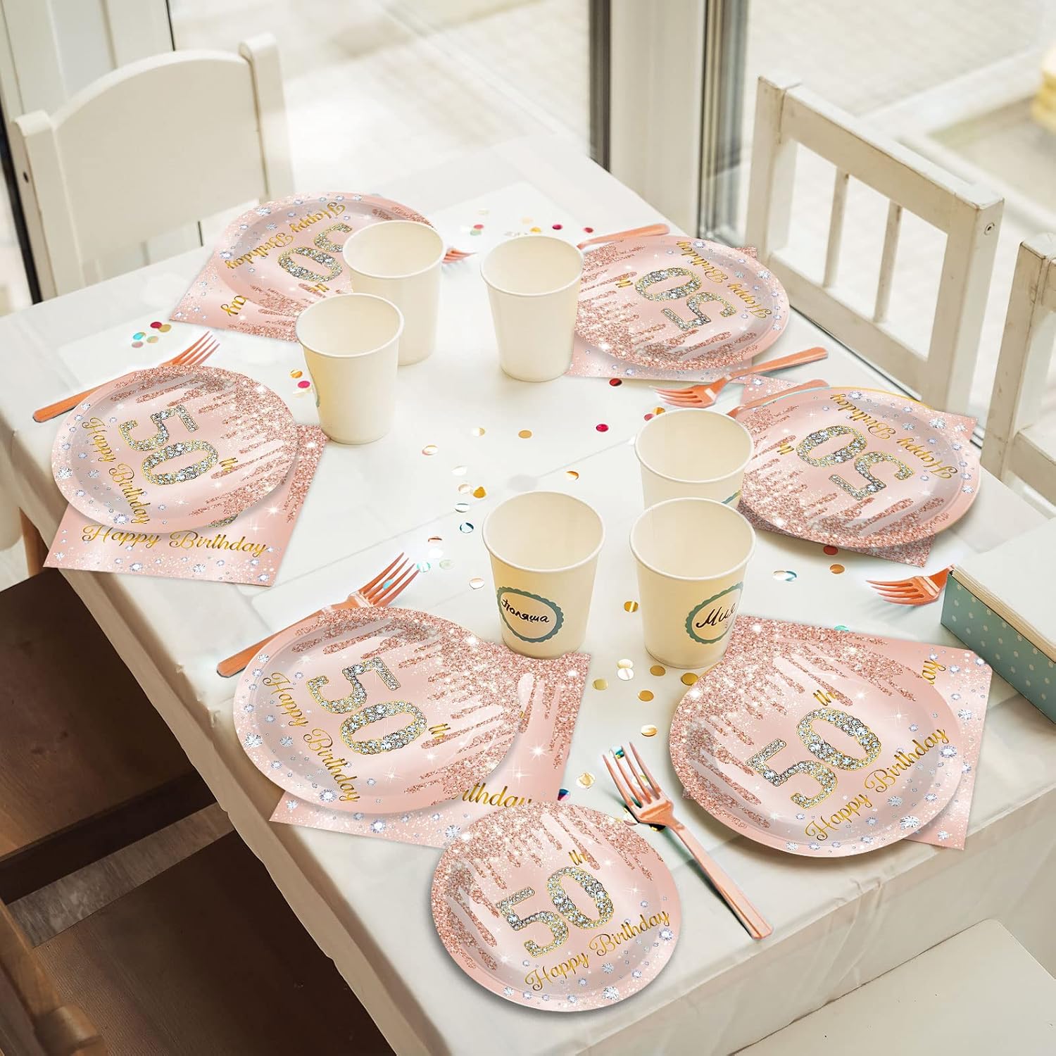 96 Piece 50th Birthday Tableware Set Pink Rose Gold