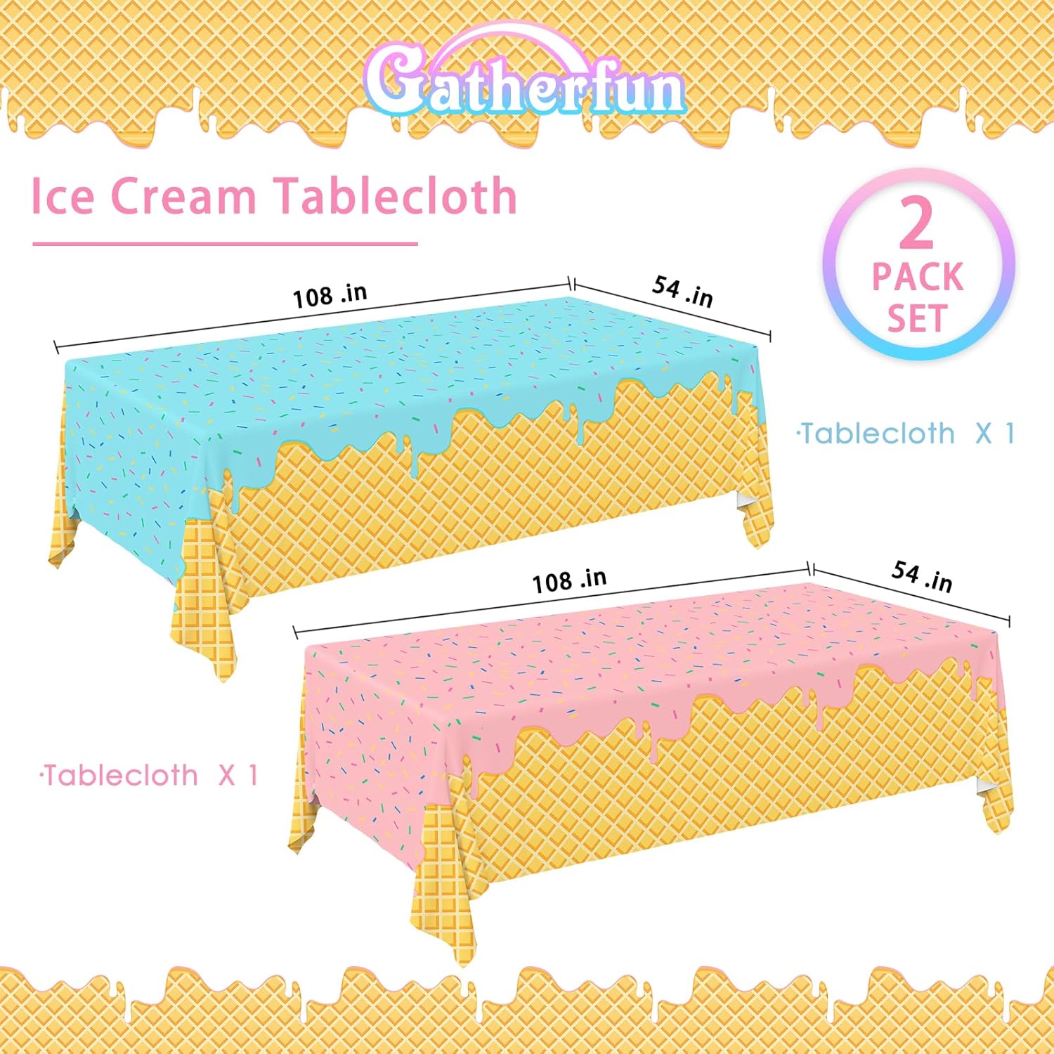 Gatherfun Ice Cream Tablecloth 2-Pack for Birthday Parties