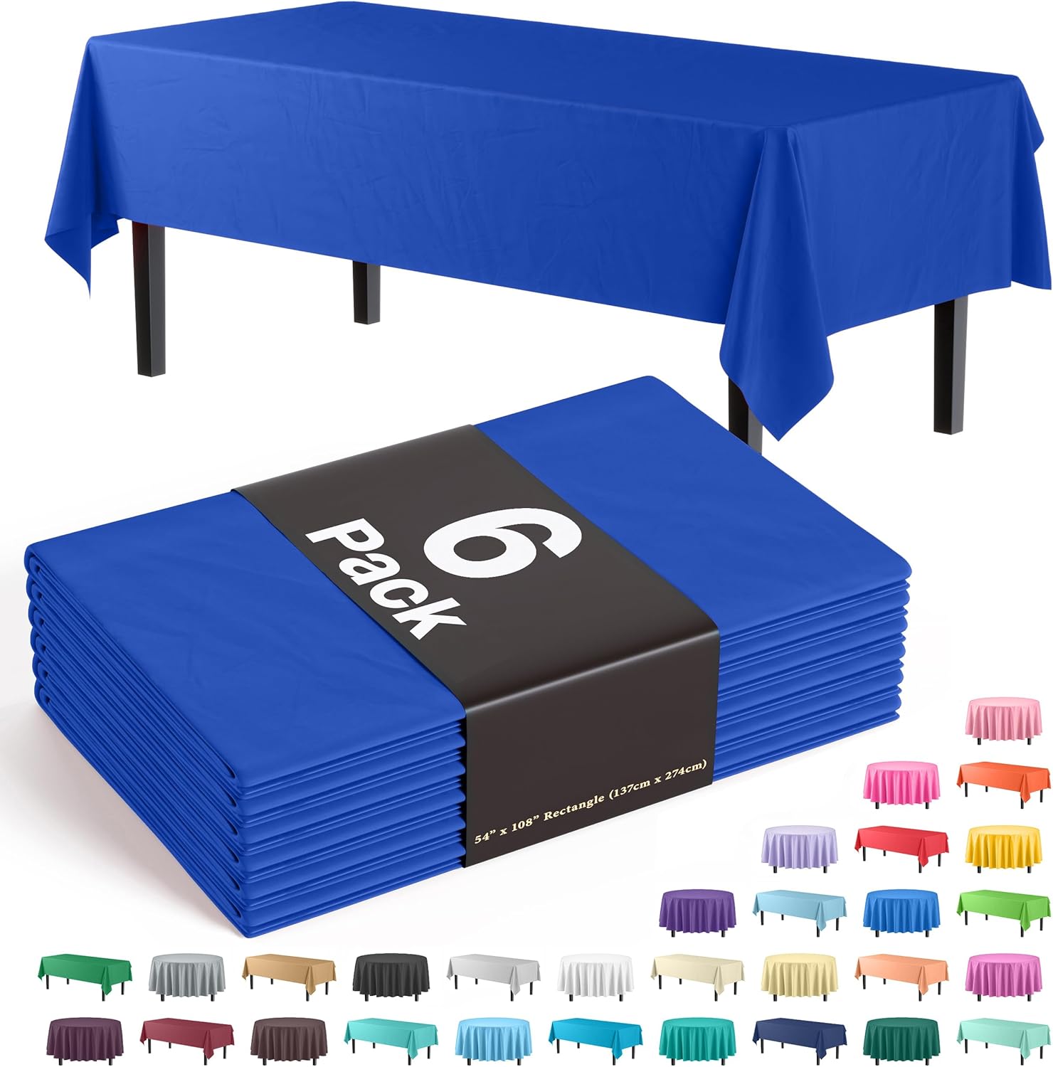 Party Solids 6-Pack Blue Plastic Tablecloth 54in x 108in Rectangle