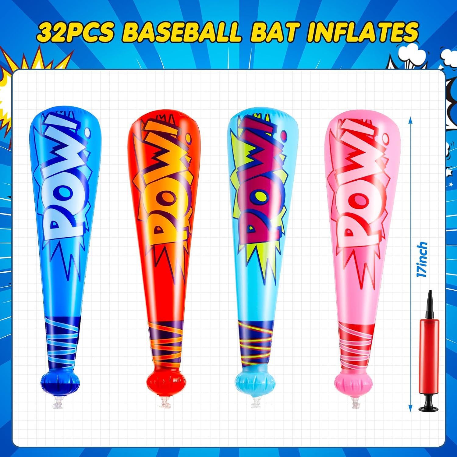 Seematn 32 Piece Inflatable Baseball Bats Set