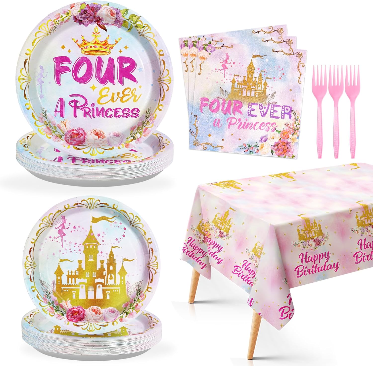 98 Pcs Princess Birthday Party Set Plates Napkins Tableware for 24 Guests