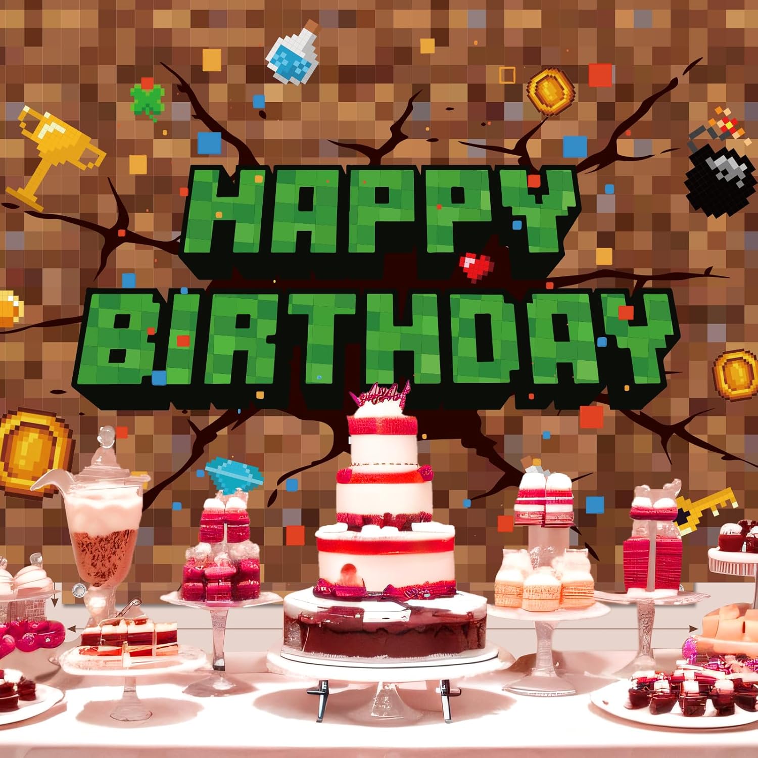 Pixel Birthday Decorations 5x3 ft Happy Birthday Banner