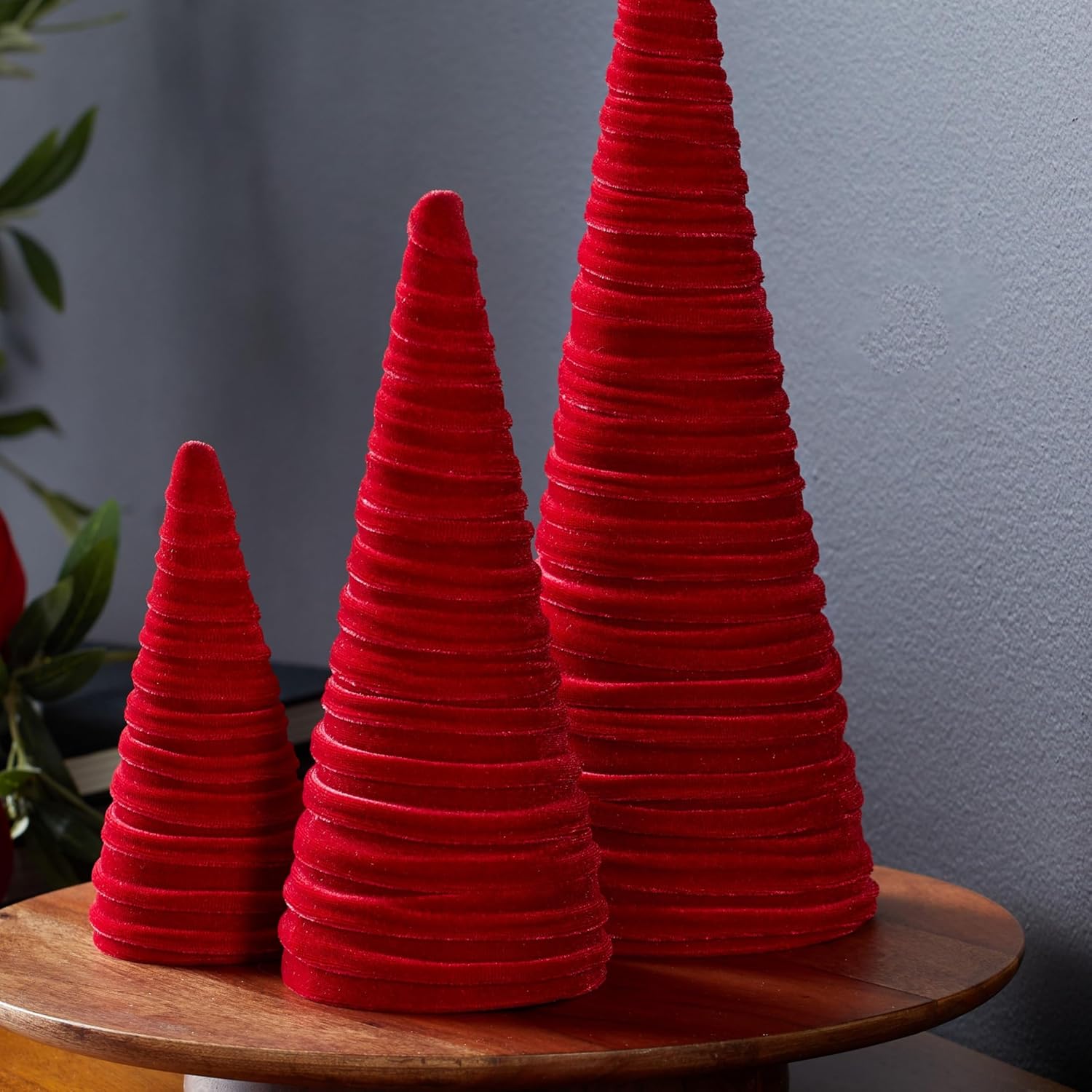 Red Velvet Cones Set of 3 for Romantic Decor