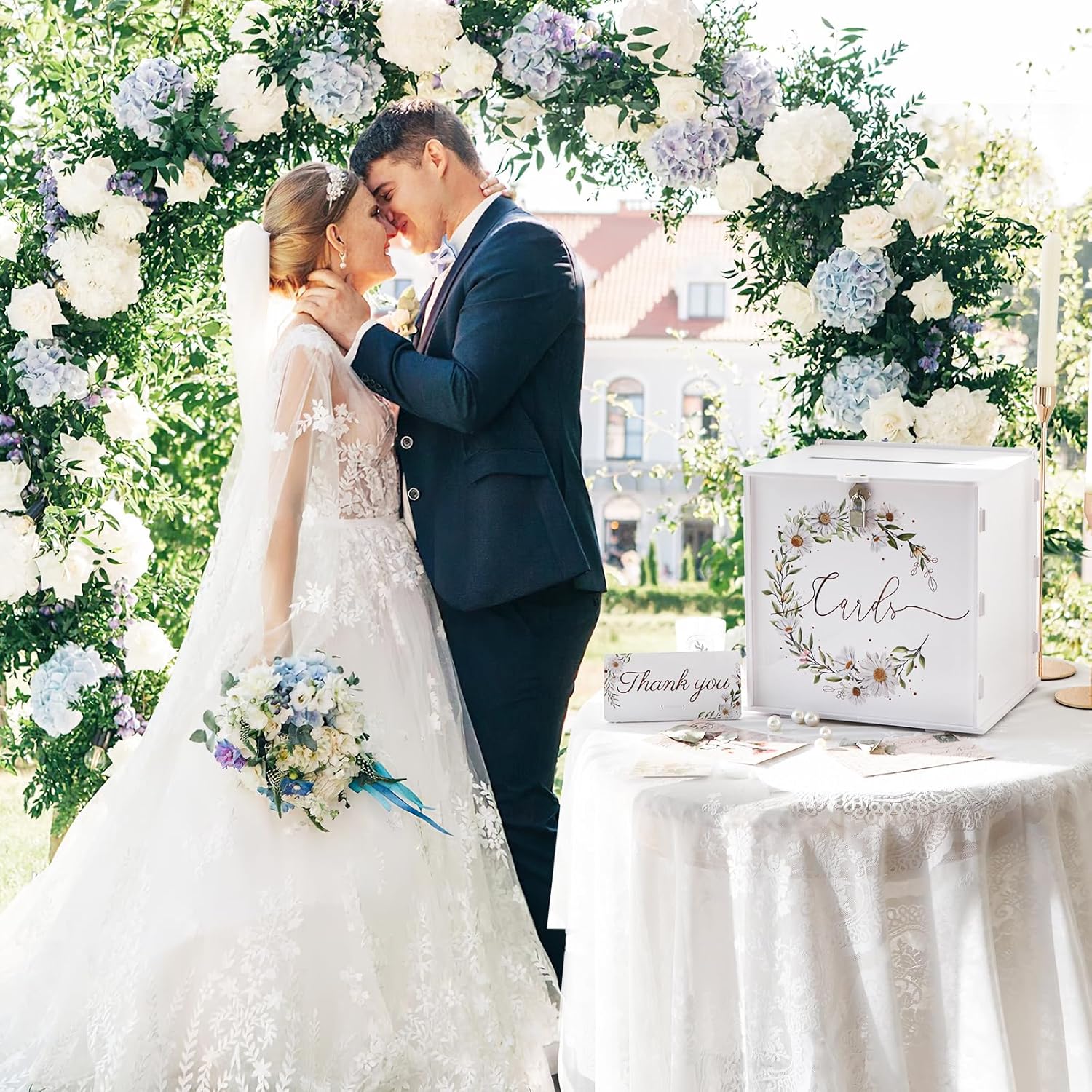 OurWarm White Daisy Wedding Card Box with Lock
