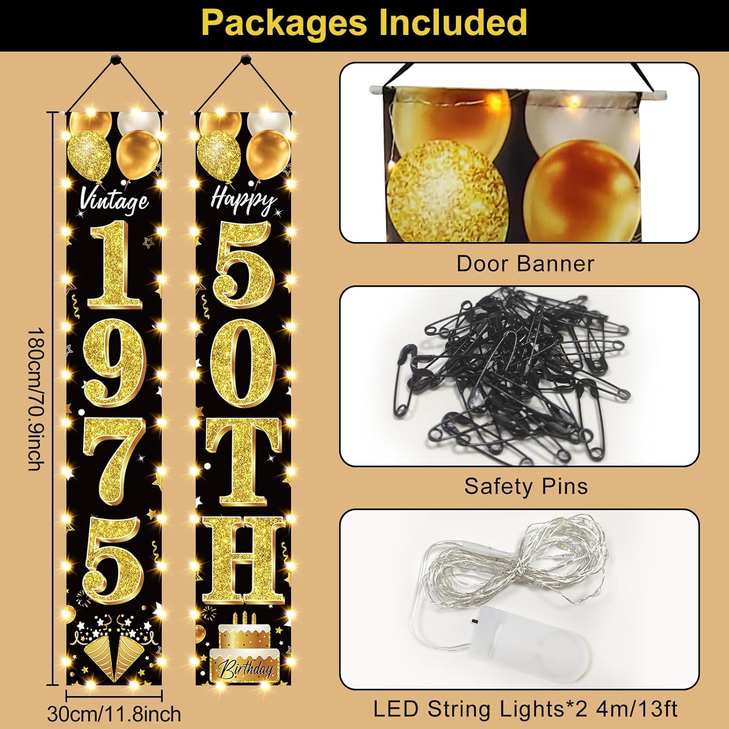 50th Birthday Black Gold Banner with LED Light