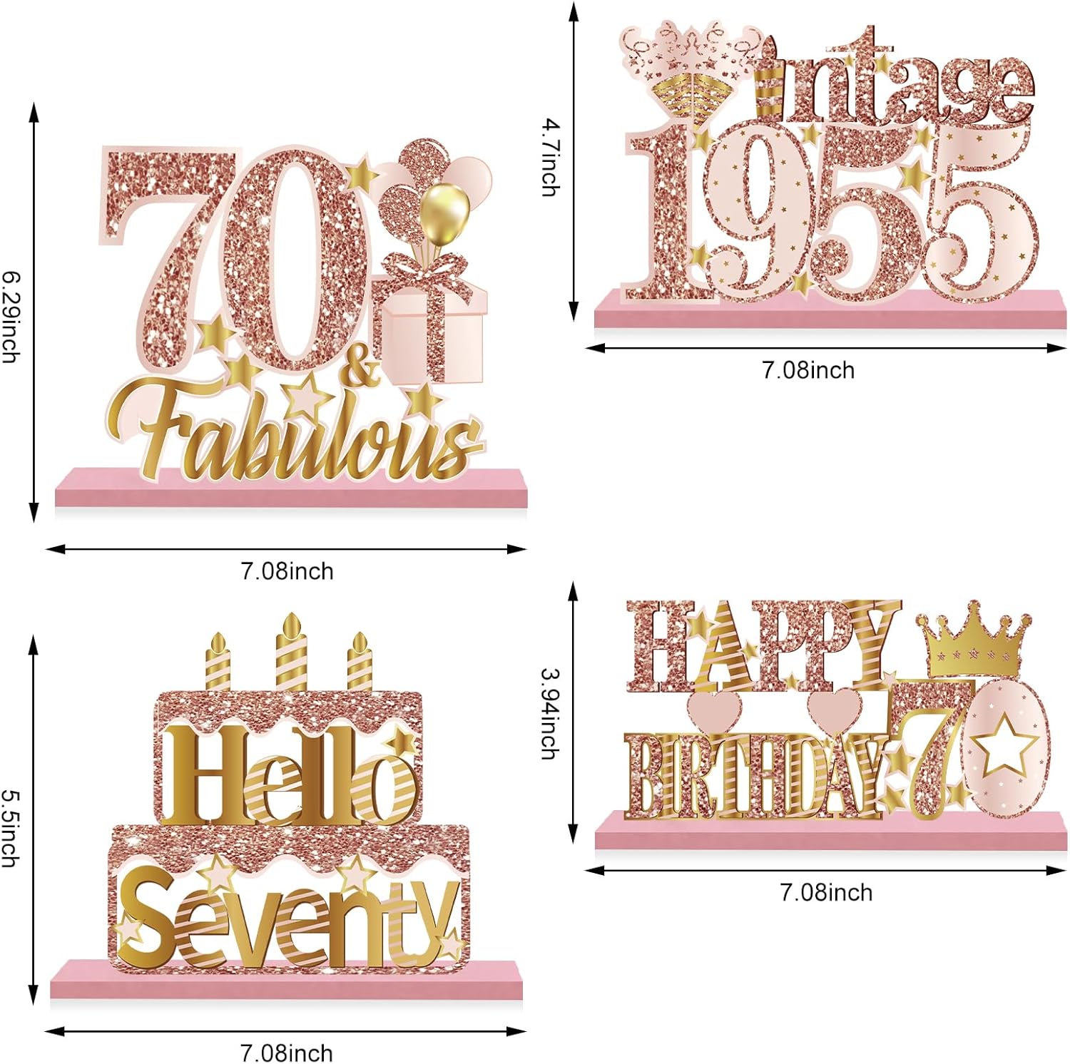 Pink Rose Gold 70th Birthday Wooden Table Centerpieces Set