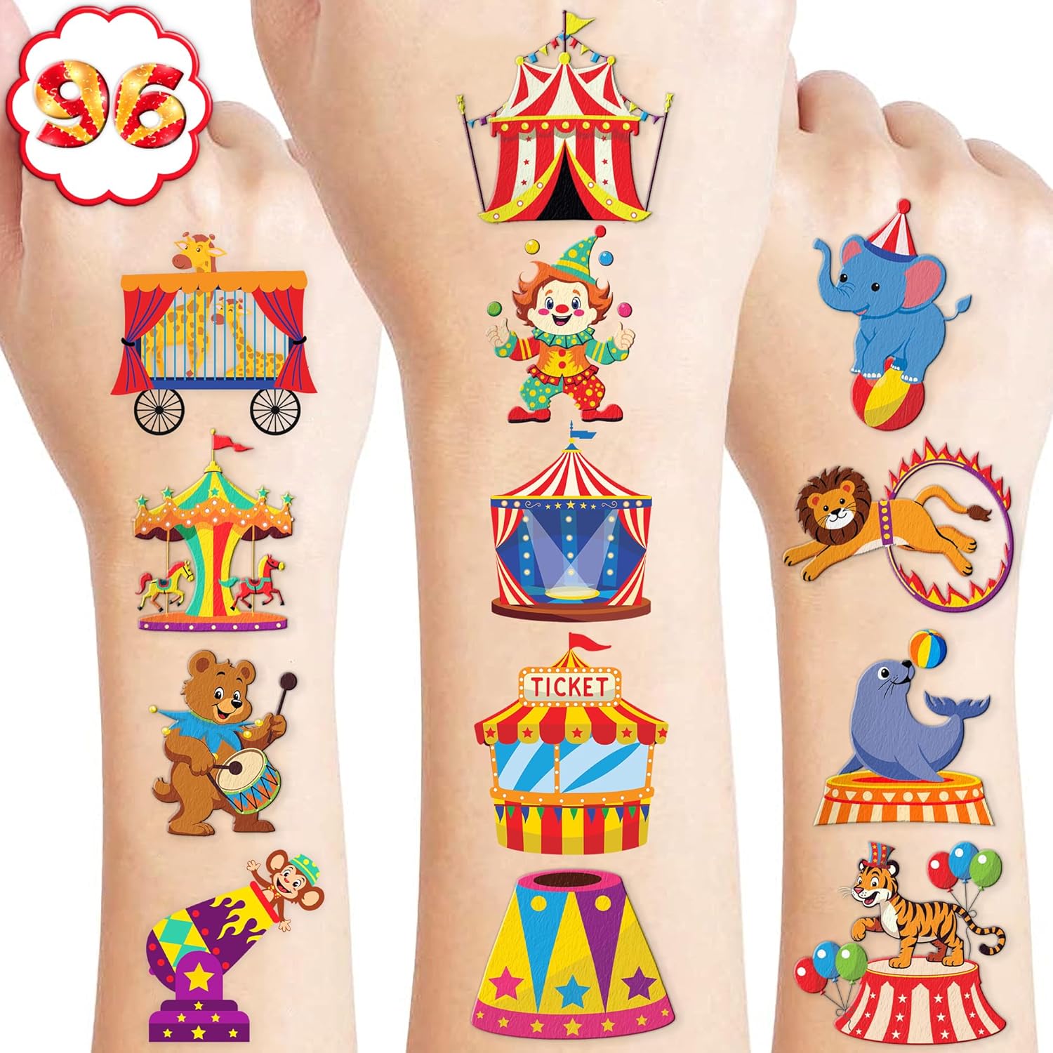 96PCS Carnival Circus Clown Temporary Tattoos for Kids