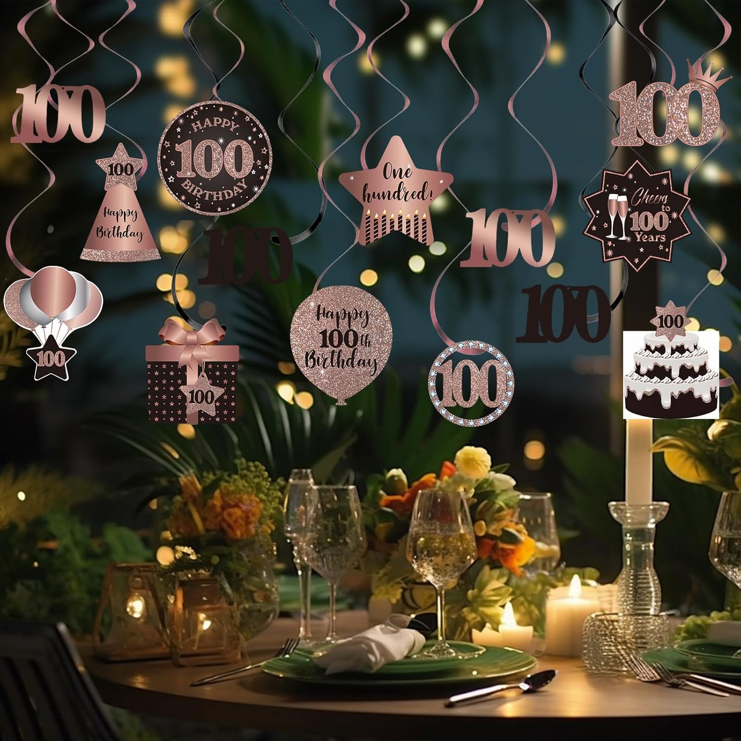 BRT Bearingshui 100th Birthday Streamers Decoration Set Rose Gold Black