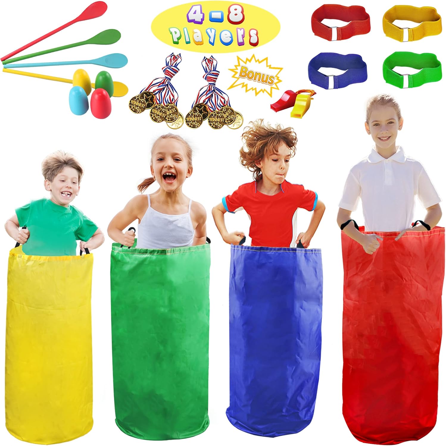 28PCS Potato Sack Race Bags with Gold Medals and Whistles