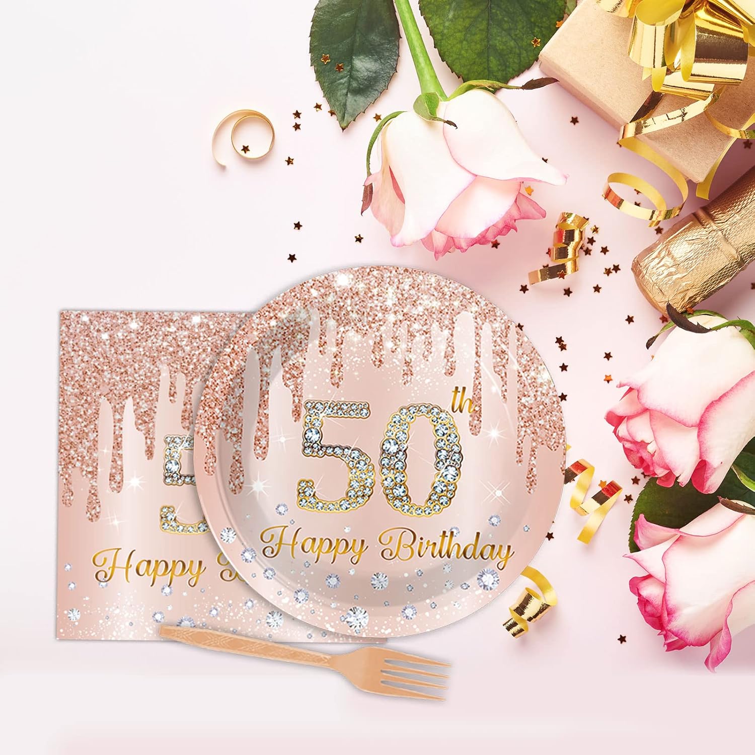 96 Piece 50th Birthday Tableware Set Pink Rose Gold