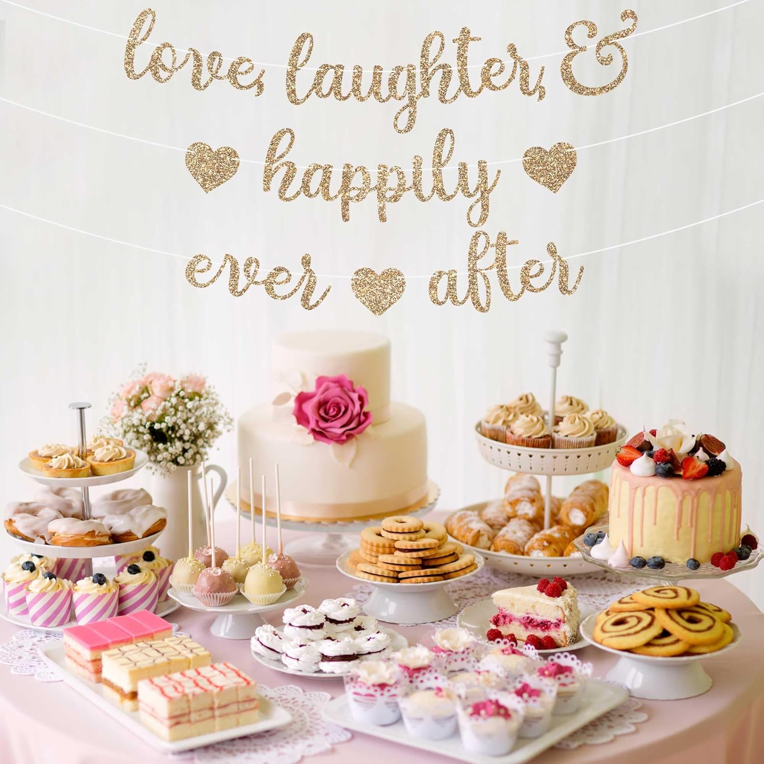 Pre-Strung Gold Glitter Wedding Banner - 8 ft Strand