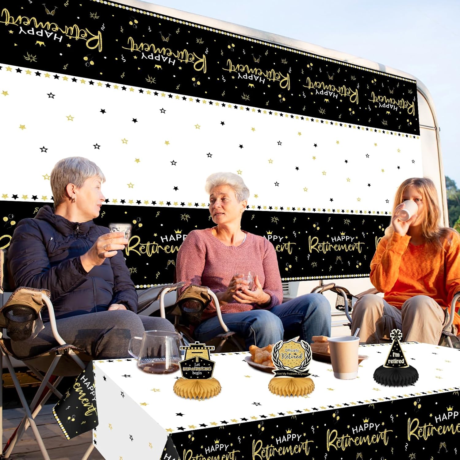 3 Pack Happy Retirement Tablecloth Black Gold 54x108 Inch