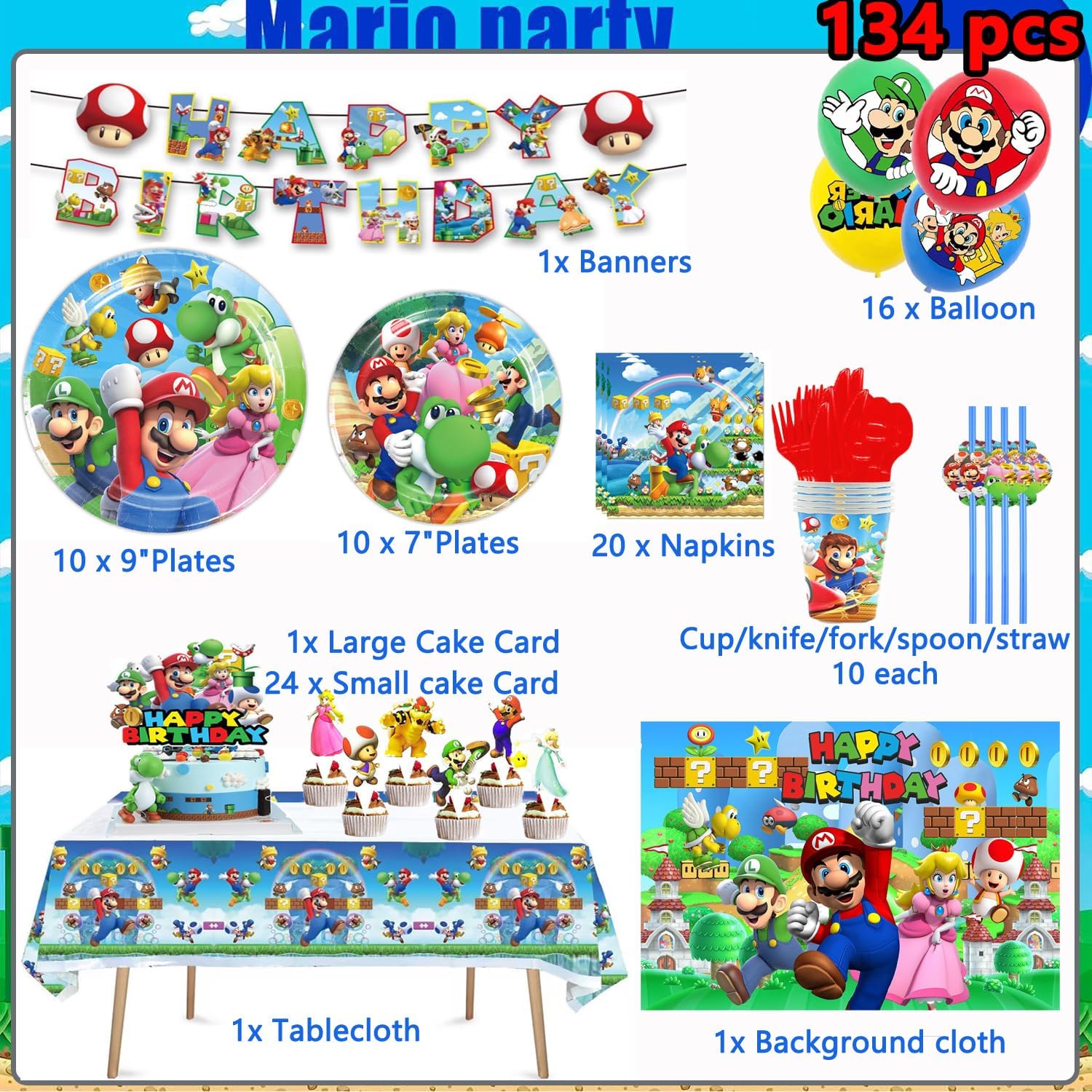 Super Bros Themed Party Decorations Set for 10 Guests