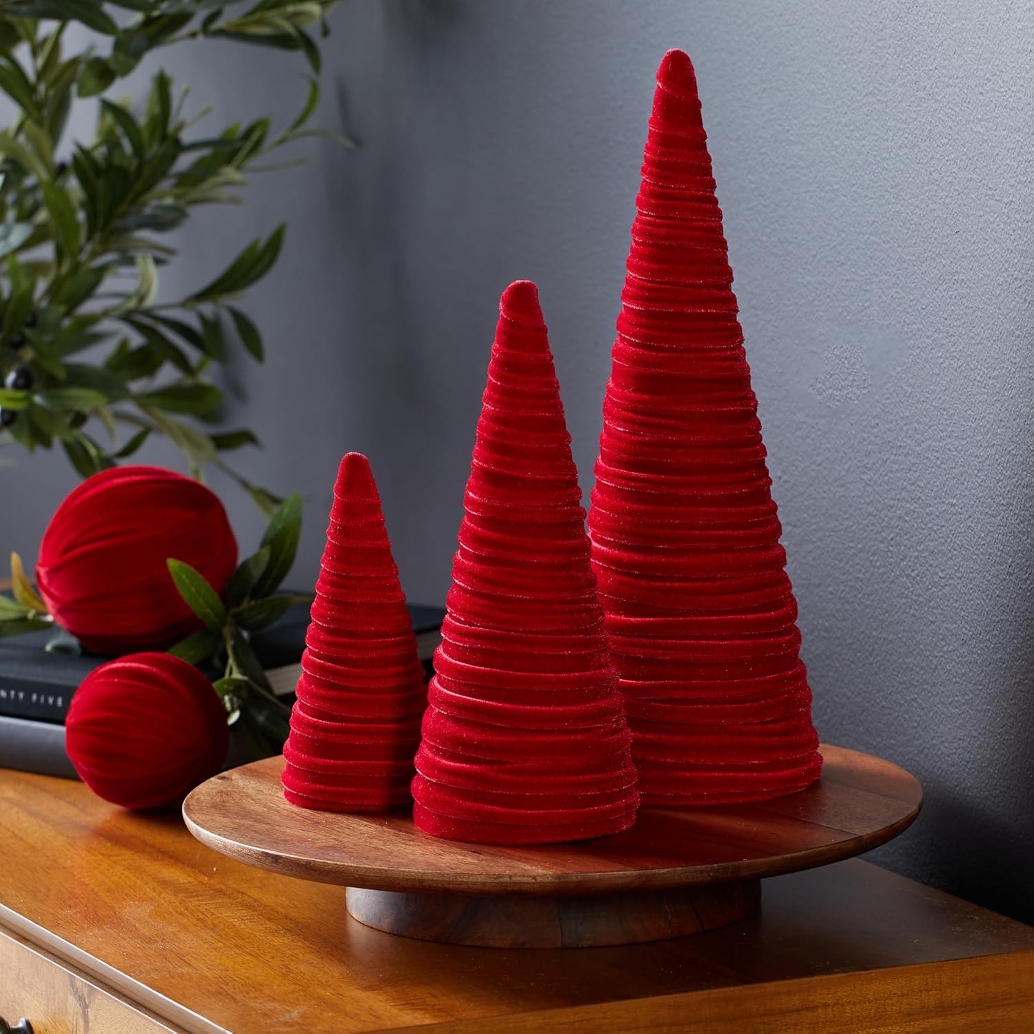 Red Velvet Cones Set of 3 for Romantic Decor