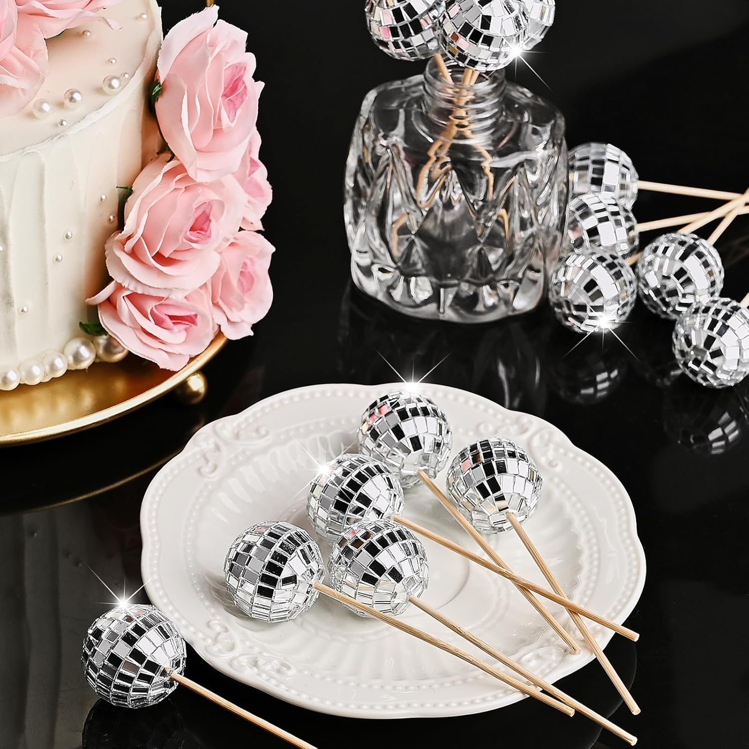 JOERSH 24pcs Disco Ball Cupcake Toppers Silver