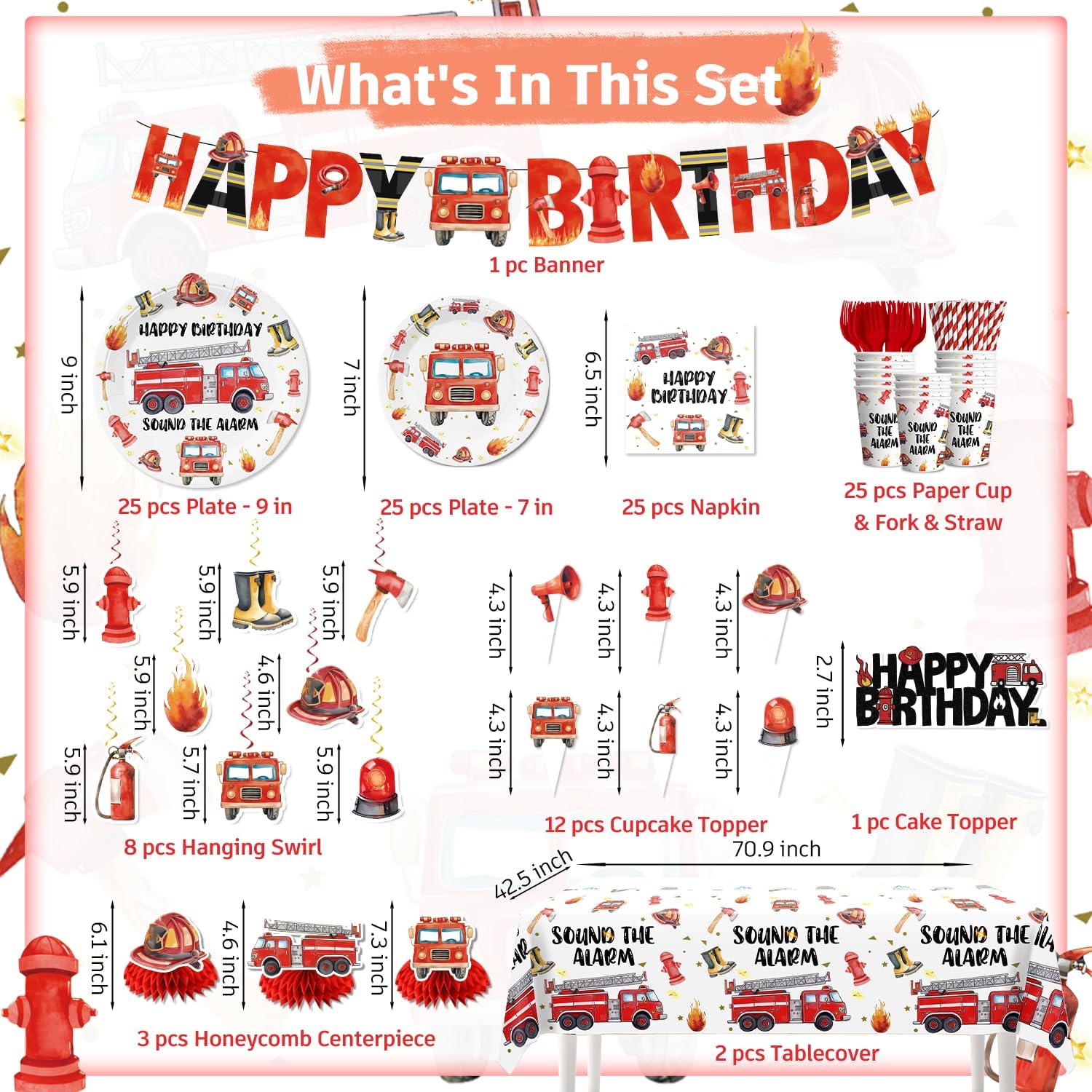 177pcs Firetruck Birthday Decorations Set for Firefighter Party