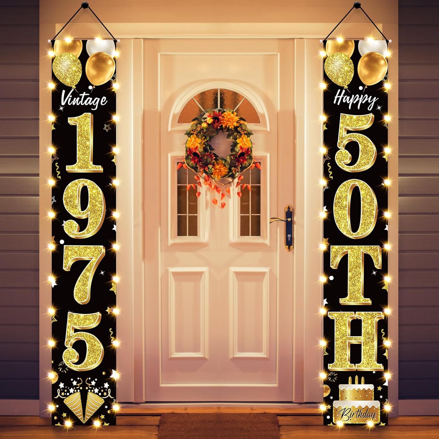 50th Birthday Black Gold Banner with LED Light