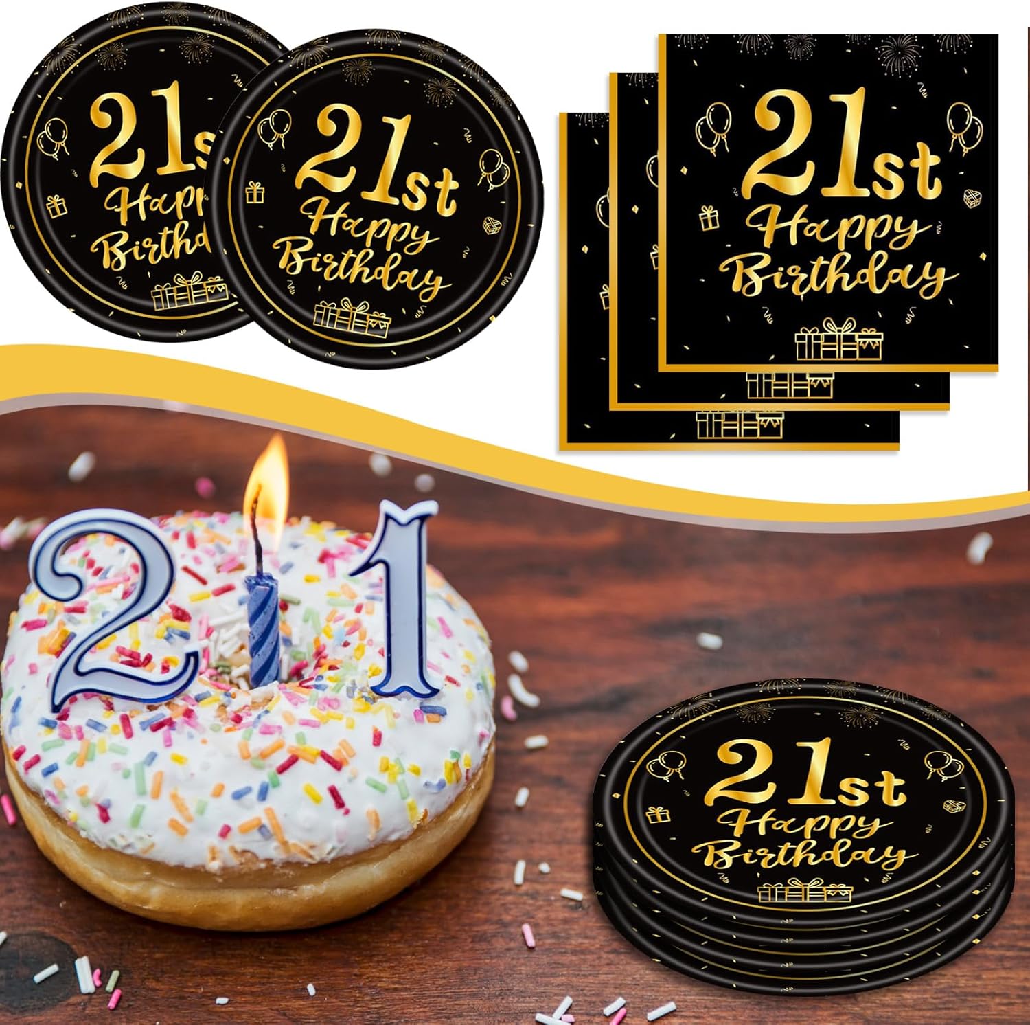 40 Pcs 21st Birthday Black Gold Tableware Set